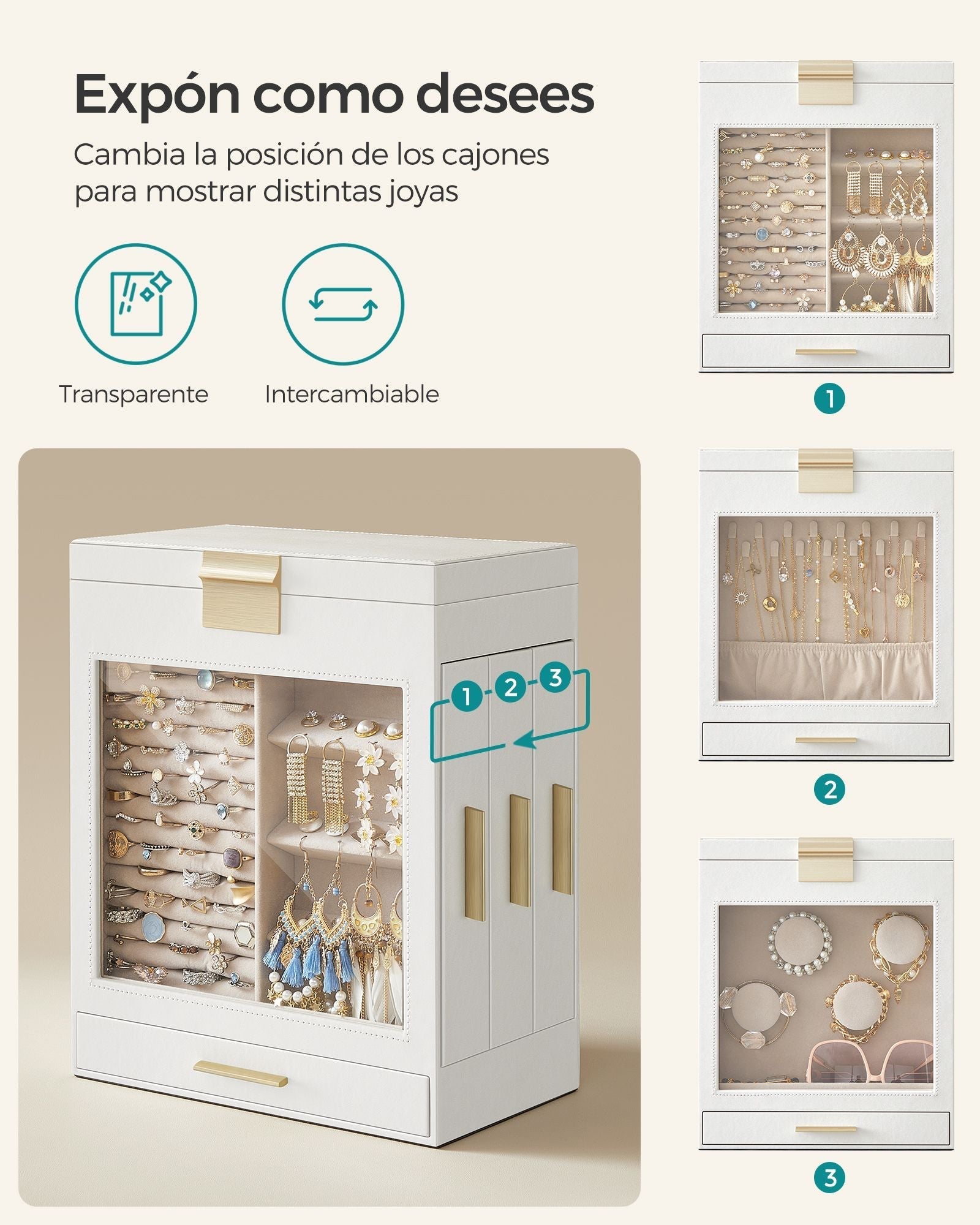 Jewellery Box - Glass - Cloud White - 5-Layer Organiser with 3 Side Drawers and Big Mirror