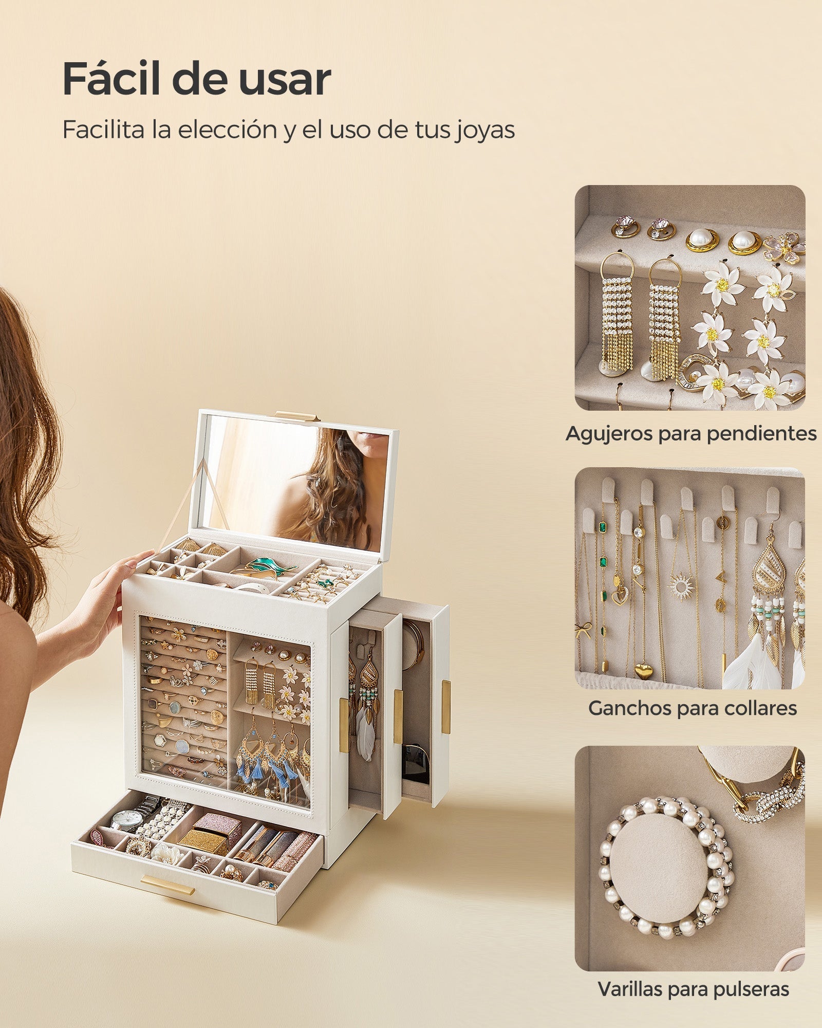 Jewellery Box - Glass - Cloud White - 5-Layer Organiser with 3 Side Drawers and Big Mirror