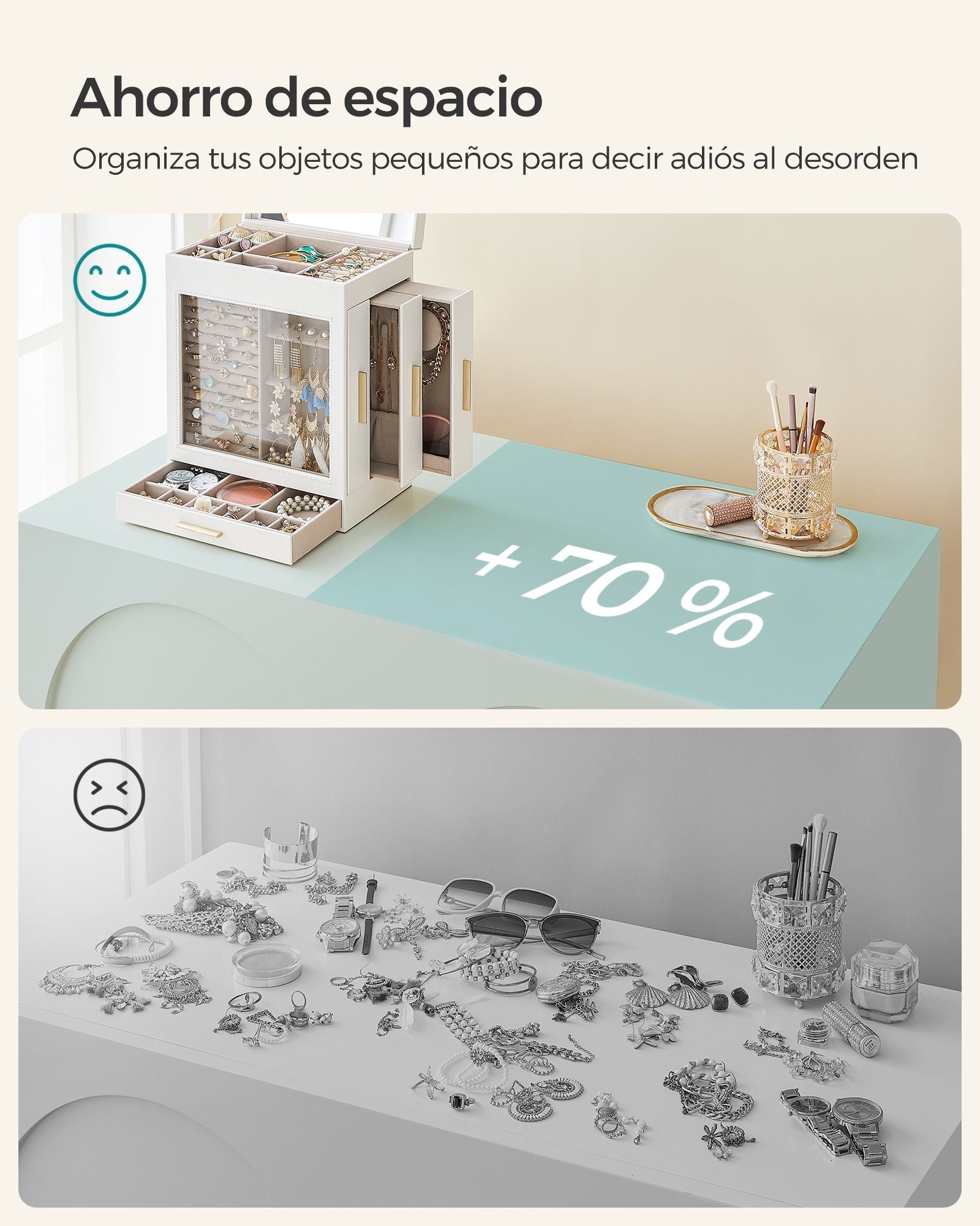 Jewellery Box - Glass - Cloud White - 5-Layer Organiser with 3 Side Drawers and Big Mirror