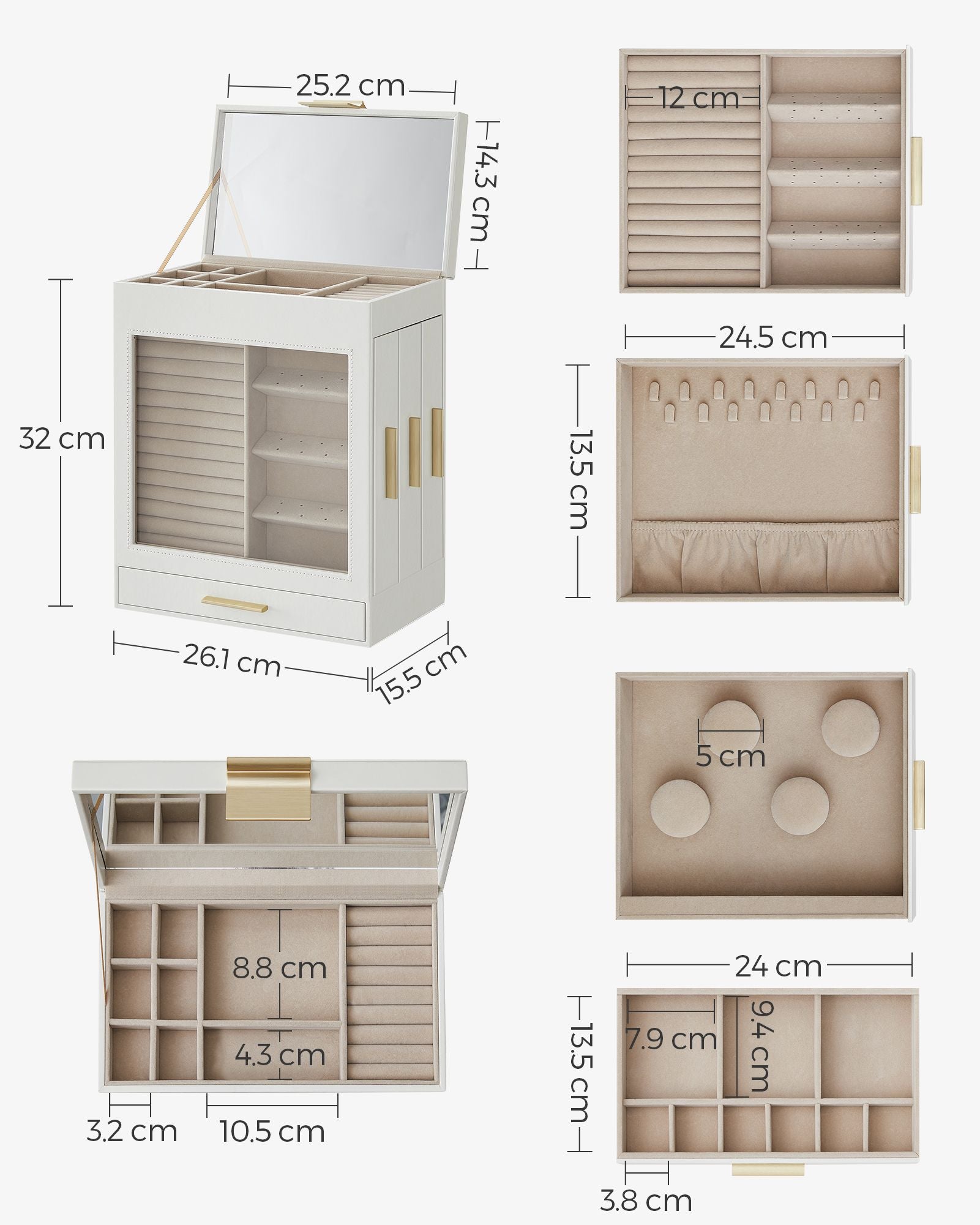 Jewellery Box - Glass - Cloud White - 5-Layer Organiser with 3 Side Drawers and Big Mirror