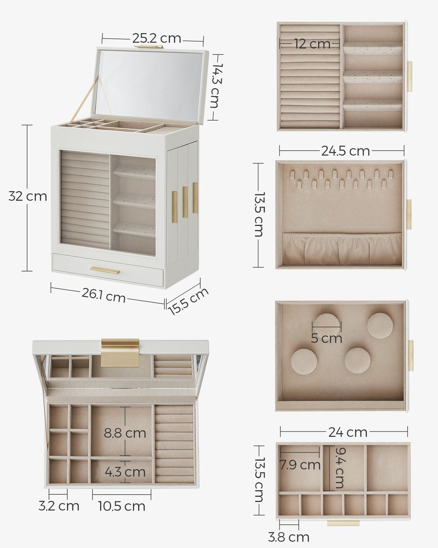 Jewellery Box - Glass - Cloud White - 5-Layer Organiser with 3 Side Drawers and Big Mirror