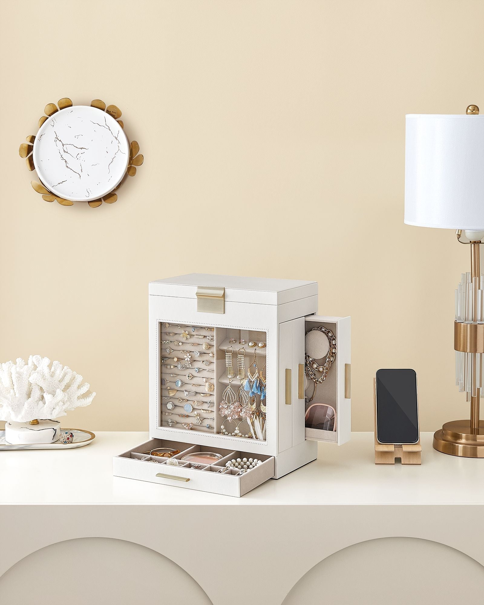 Jewellery Box - Glass - Cloud White - 5-Layer Organiser with 3 Side Drawers and Big Mirror