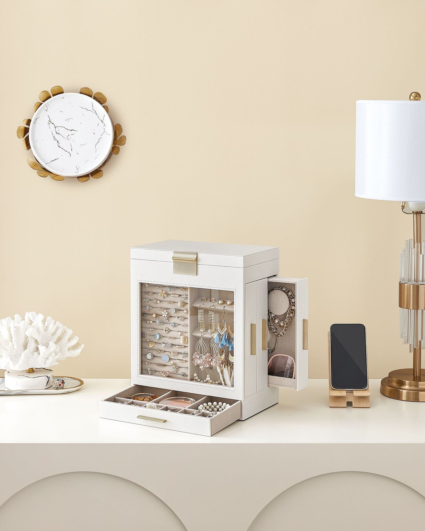 Jewellery Box - Glass - Cloud White - 5-Layer Organiser with 3 Side Drawers and Big Mirror