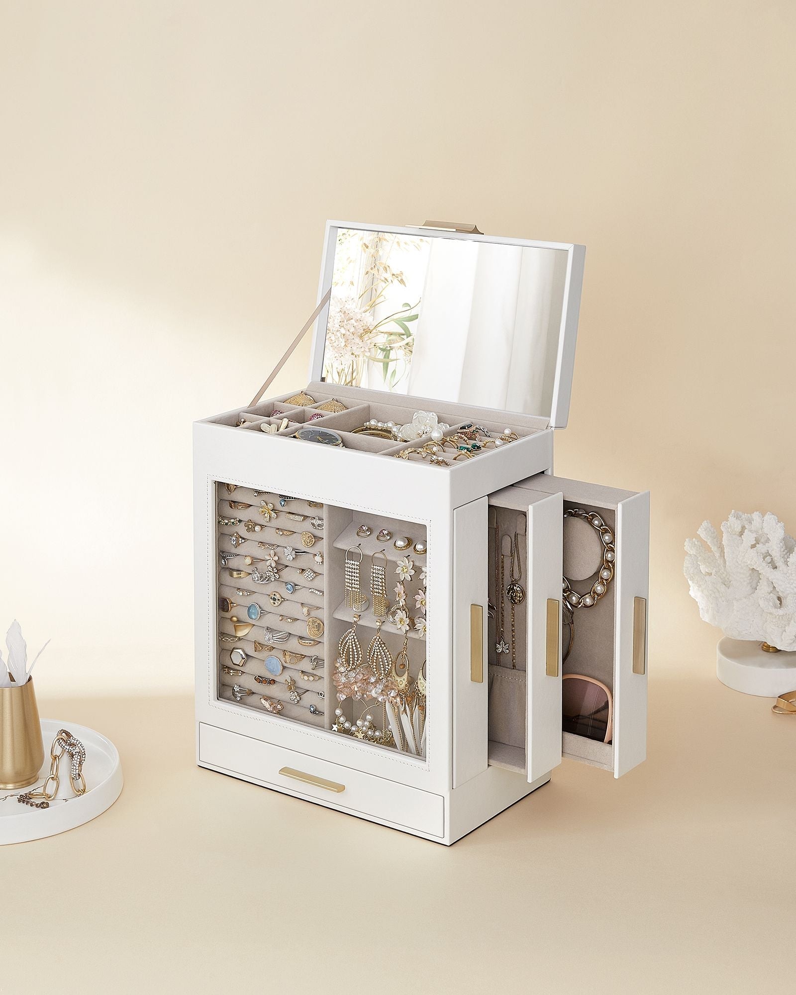 Jewellery Box - Glass - Cloud White - 5-Layer Organiser with 3 Side Drawers and Big Mirror