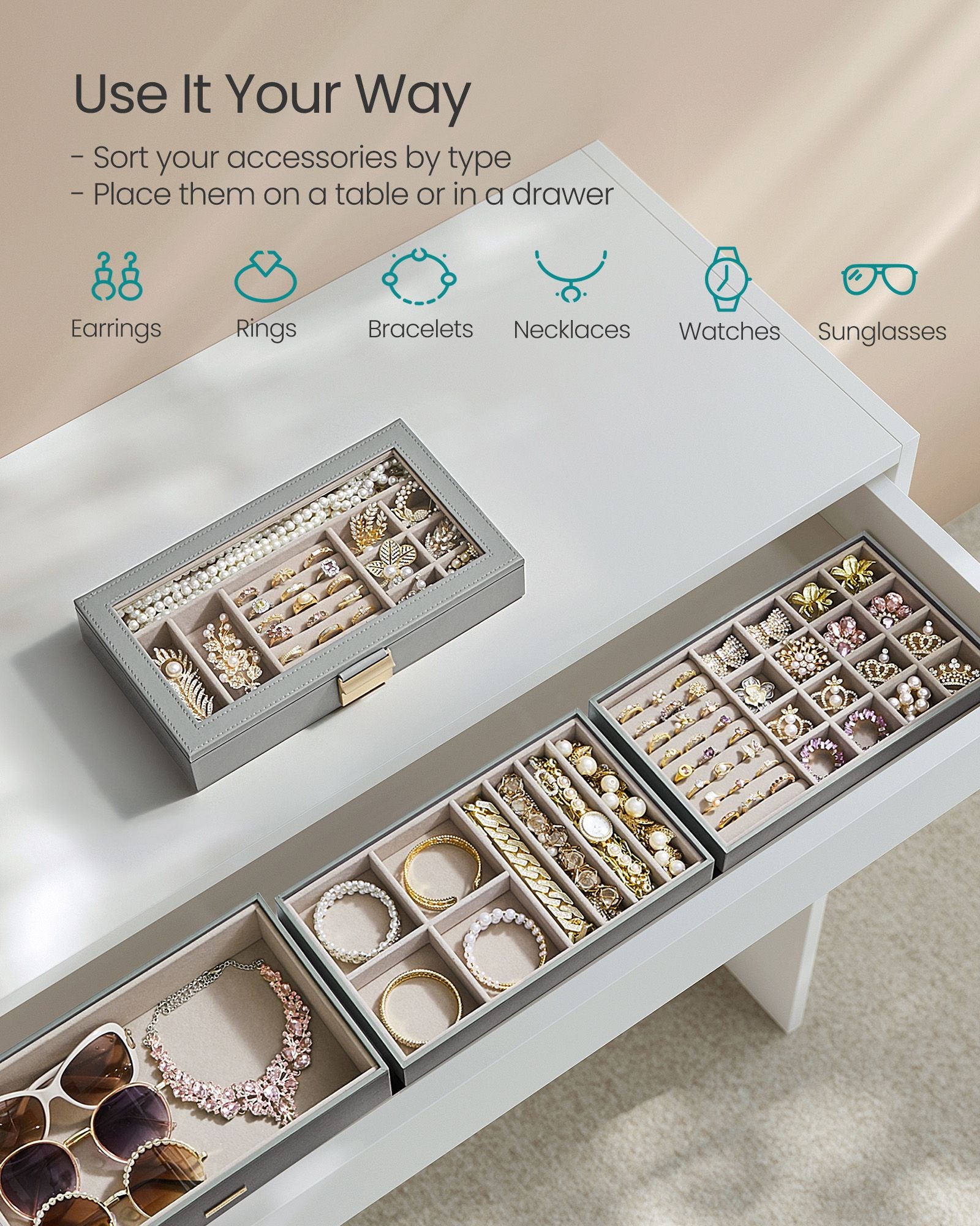 4-Tier Stackable Jewellery Box - Glass - Dove Gray - Clear Lid