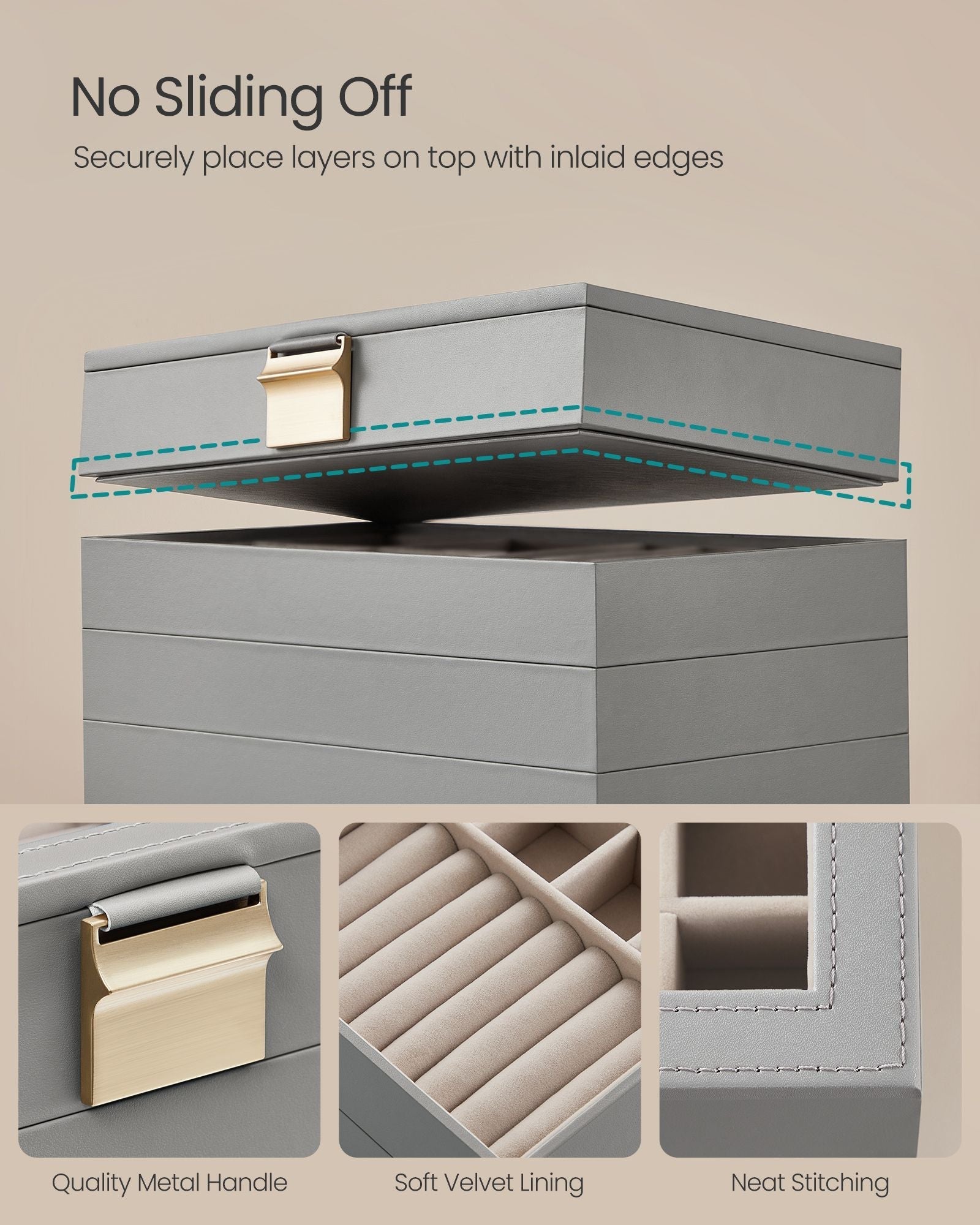 4-Tier Stackable Jewellery Box - Glass - Dove Gray - Clear Lid