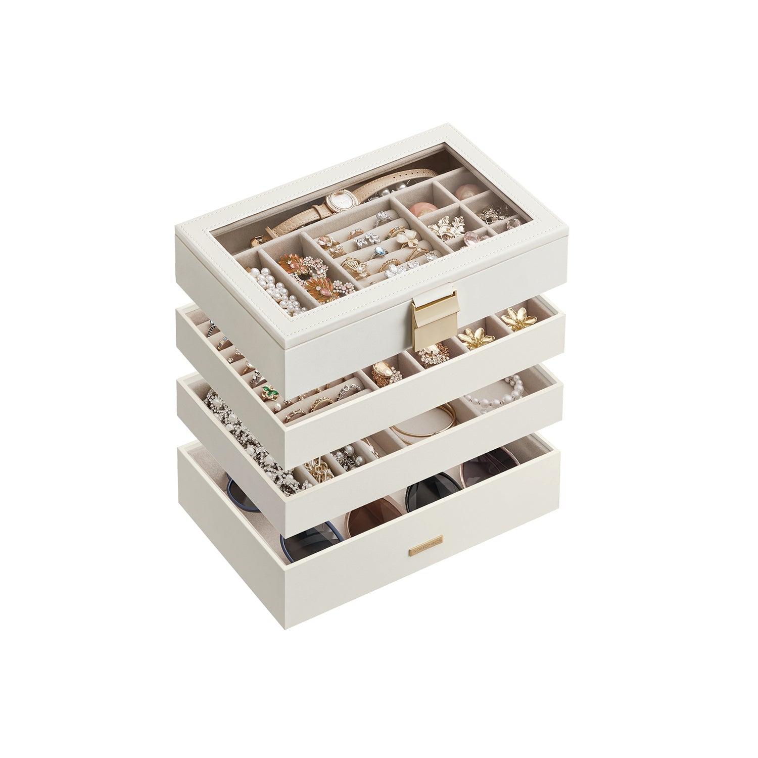 5-Tier Stackable Jewellery Box - Wood - White - Clear Glass Lid