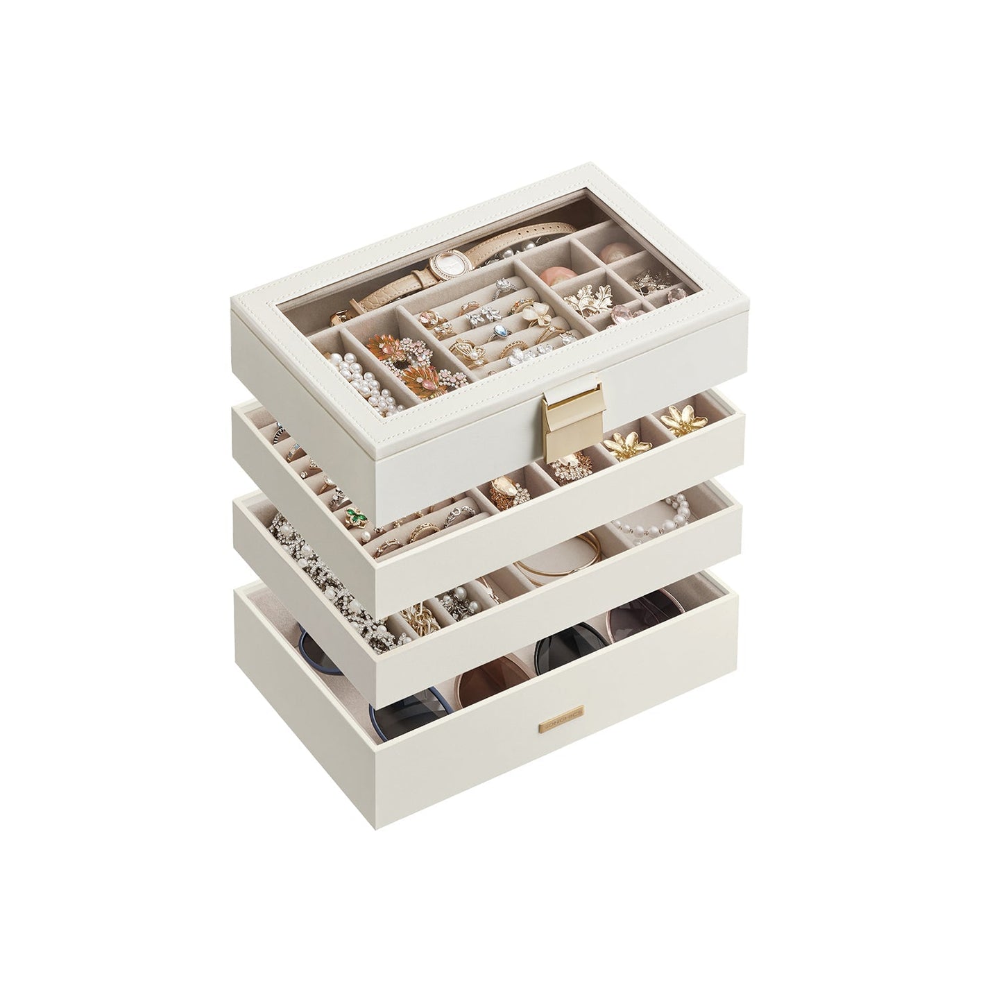 5-Tier Stackable Jewellery Box - Wood - White - Clear Glass Lid