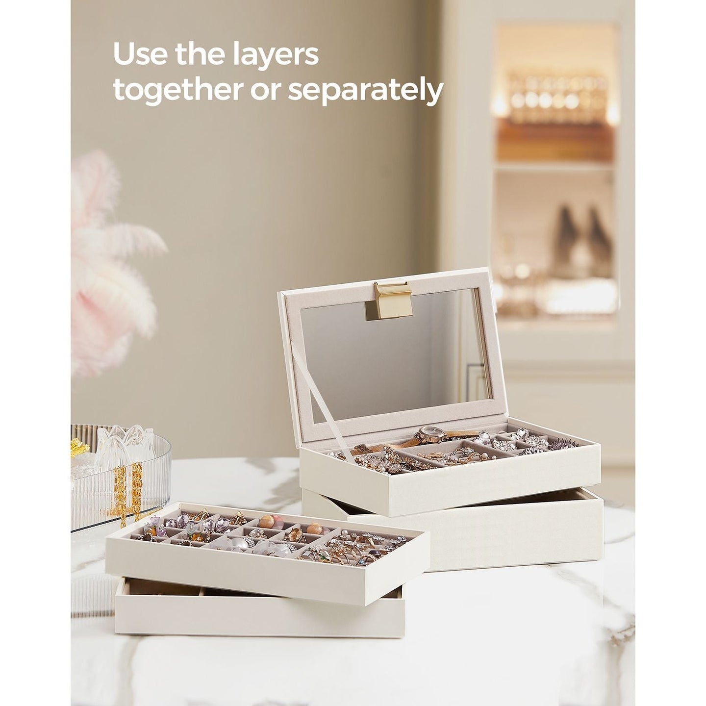 5-Tier Stackable Jewellery Box - Wood - White - Clear Glass Lid
