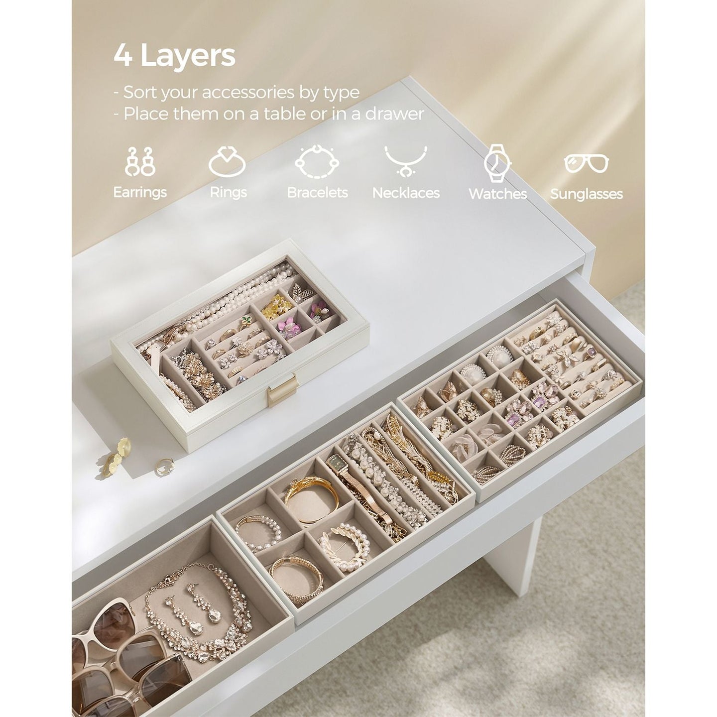 5-Tier Stackable Jewellery Box - Wood - White - Clear Glass Lid