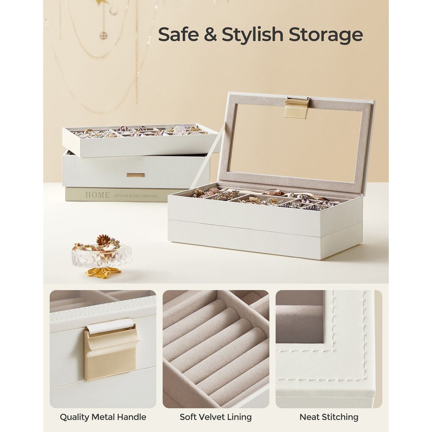 5-Tier Stackable Jewellery Box - Wood - White - Clear Glass Lid