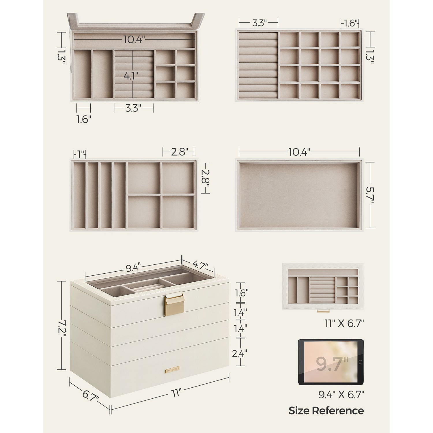 5-Tier Stackable Jewellery Box - Wood - White - Clear Glass Lid