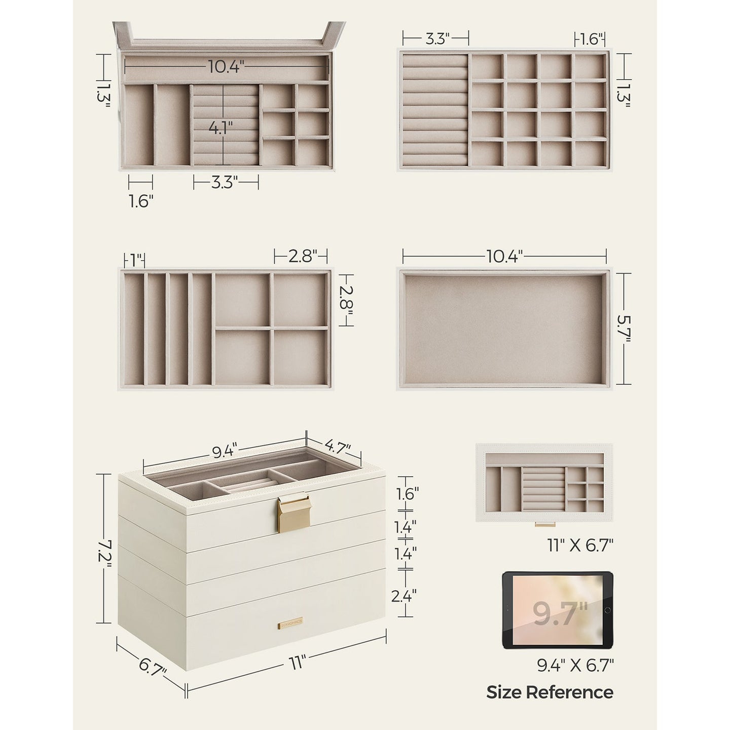 5-Tier Stackable Jewellery Box - Wood - White - Clear Glass Lid
