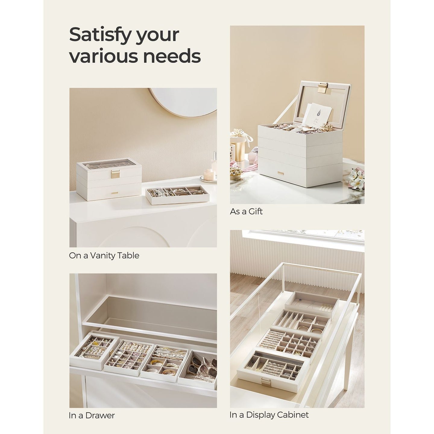 5-Tier Stackable Jewellery Box - Wood - White - Clear Glass Lid