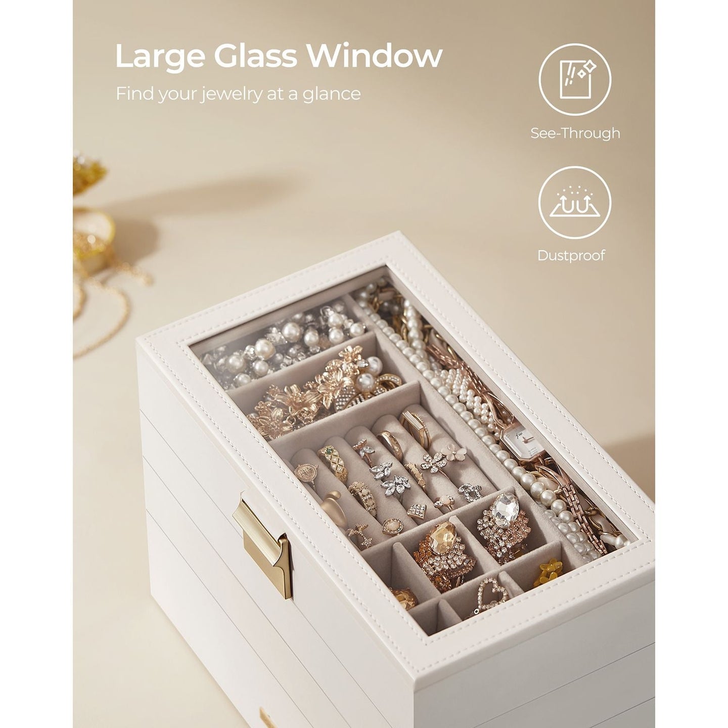5-Tier Stackable Jewellery Box - Wood - White - Clear Glass Lid