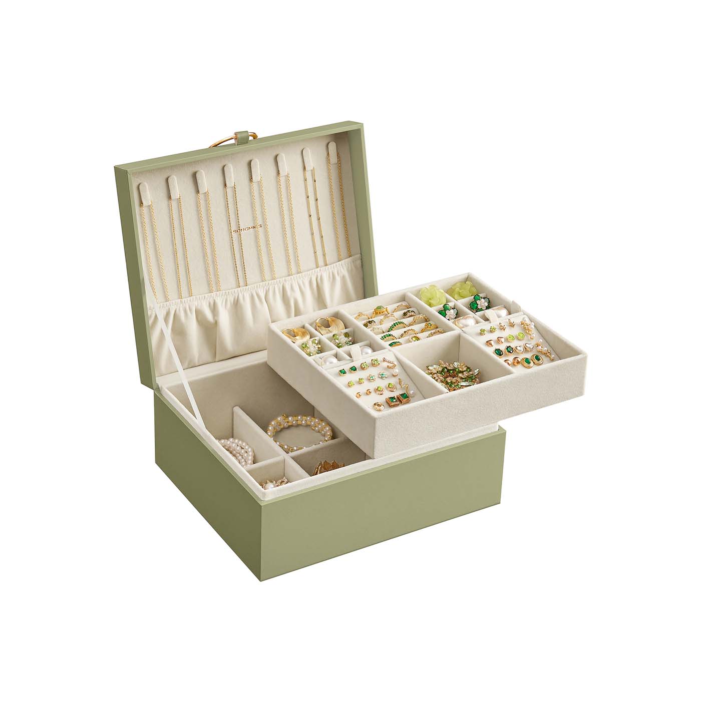 Jewellery Box - Fabric - Laurel Green - 2-Layer with Removable Tray and Handle