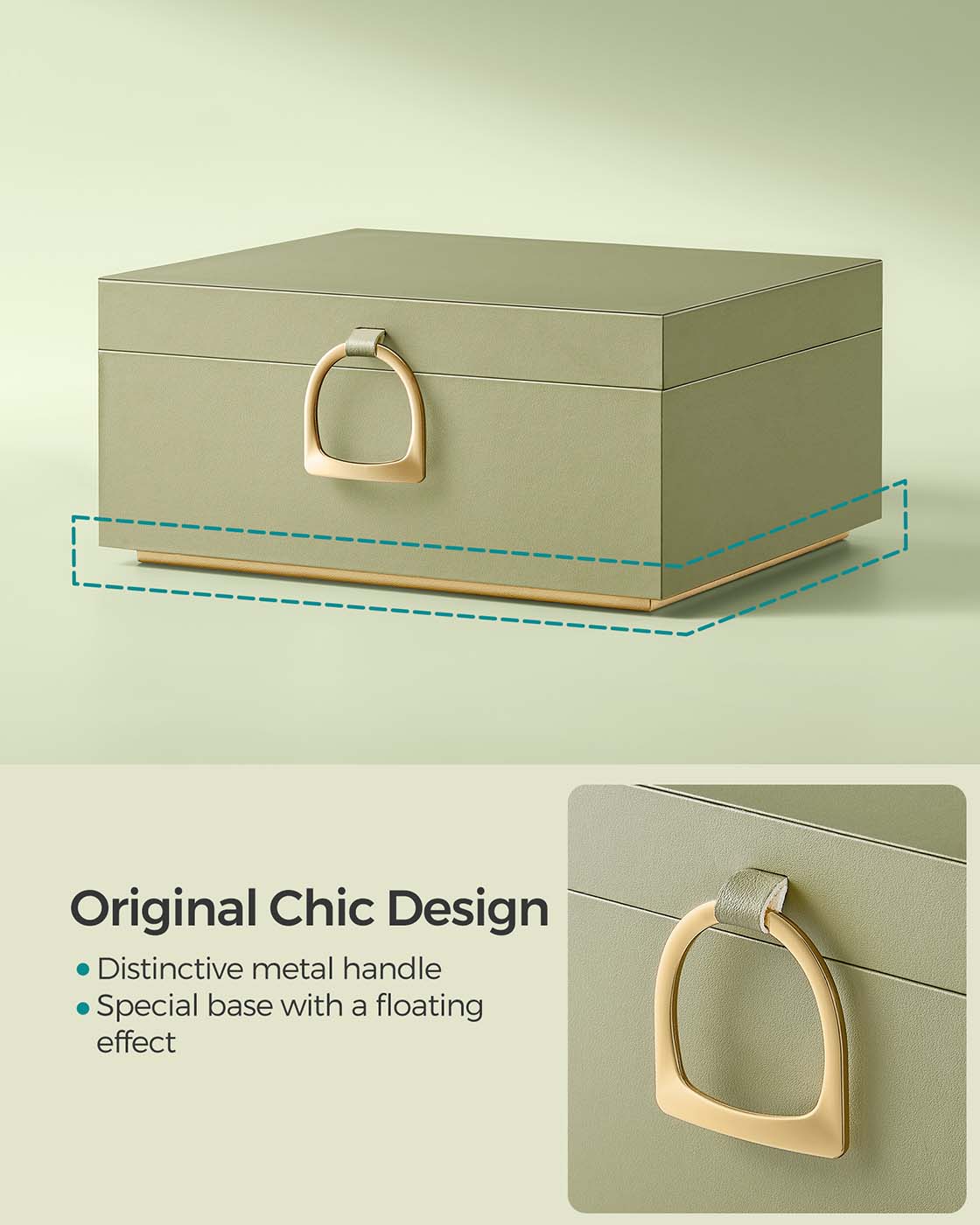 Jewellery Box - Fabric - Laurel Green - 2-Layer with Removable Tray and Handle