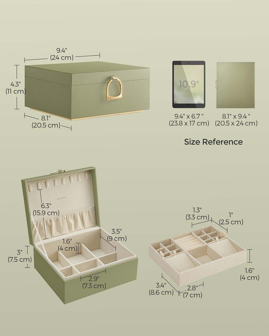Jewellery Box - Fabric - Laurel Green - 2-Layer with Removable Tray and Handle