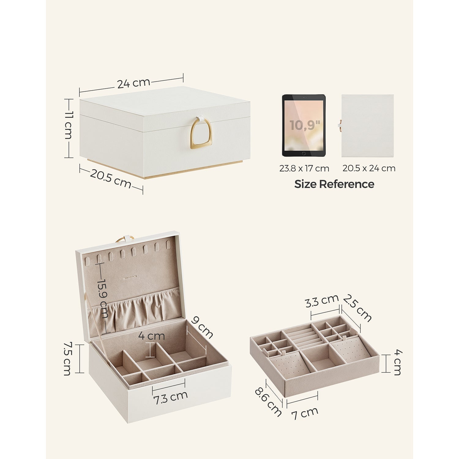Jewellery Box - MDF - White - 2-Layer with Removable Tray and Handle