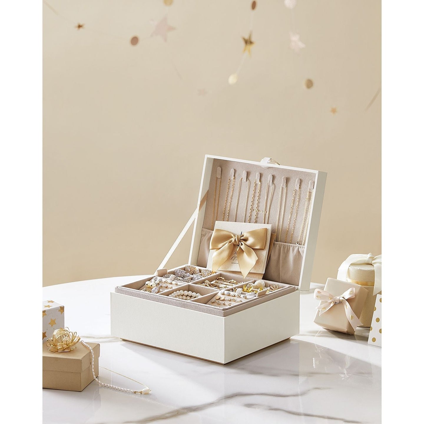 Jewellery Box - MDF - White - 2-Layer with Removable Tray and Handle