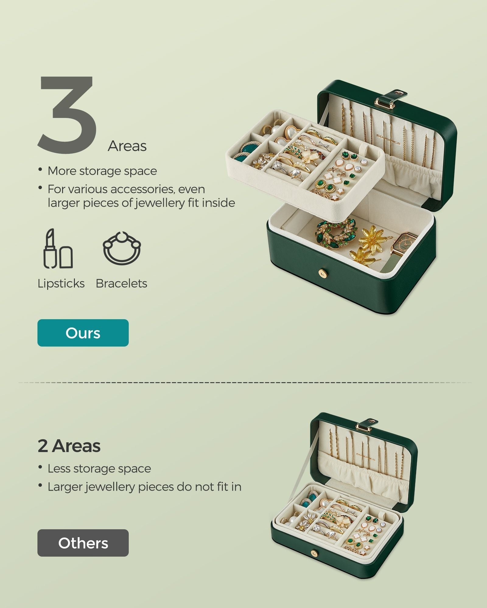 2-Layer Jewellery Box - Forest Green - Portable Design for Larger Accessories