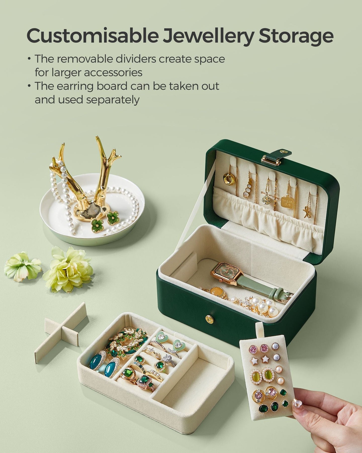 2-Layer Jewellery Box - Forest Green - Portable Design for Larger Accessories