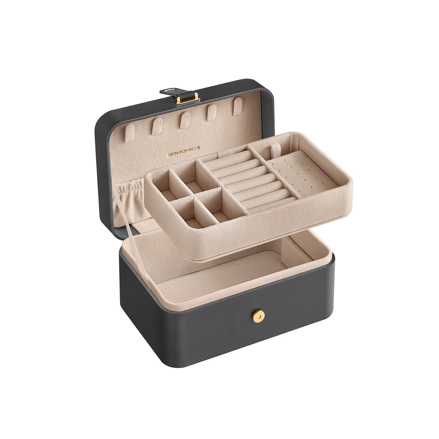 Jewellery Box - Fabric - Grey - Portable 2-Layer Design for Travel and Larger Accessories