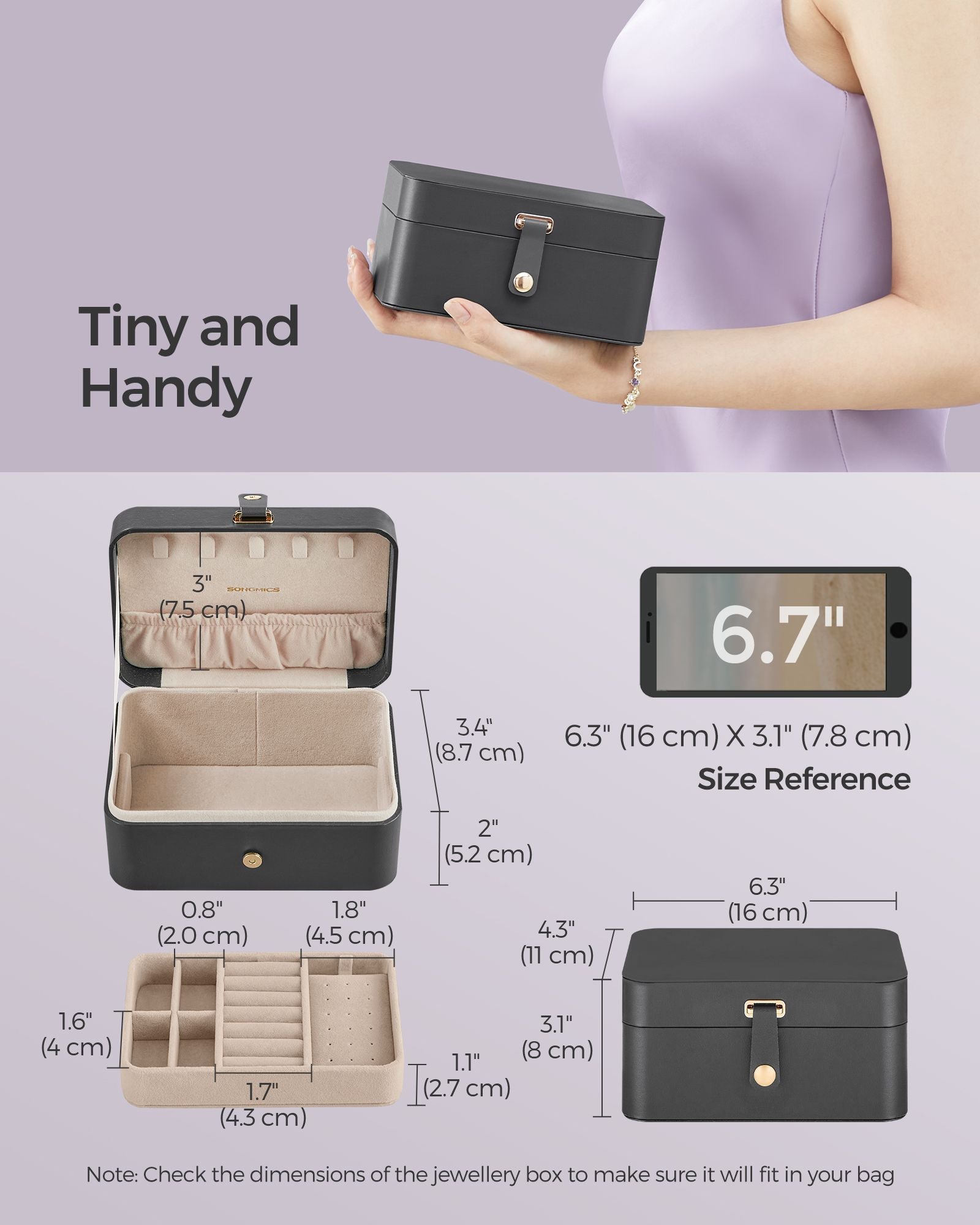 Jewellery Box - Fabric - Grey - Portable 2-Layer Design for Travel and Larger Accessories