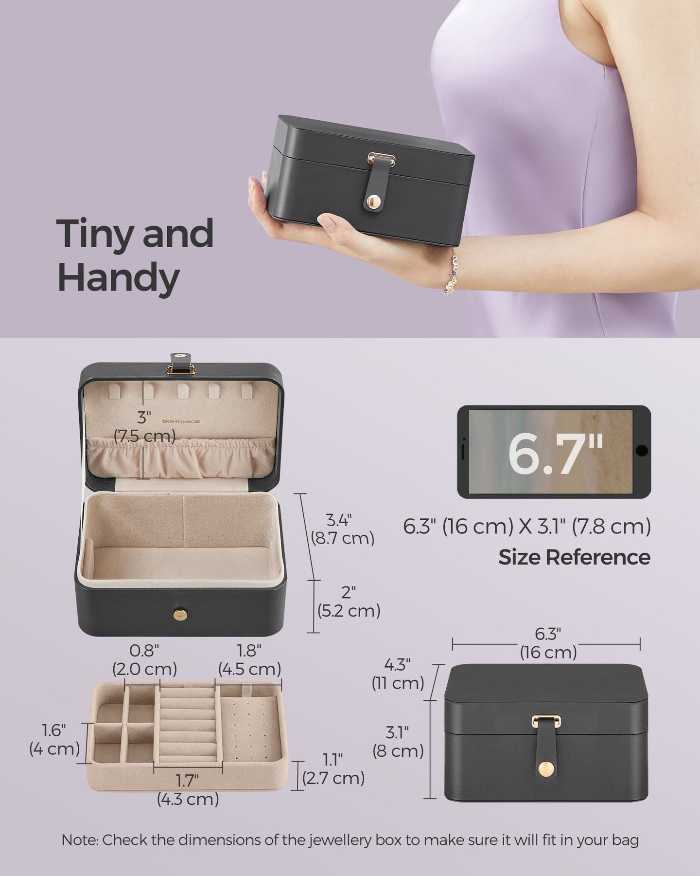 Jewellery Box - Fabric - Grey - Portable 2-Layer Design for Travel and Larger Accessories