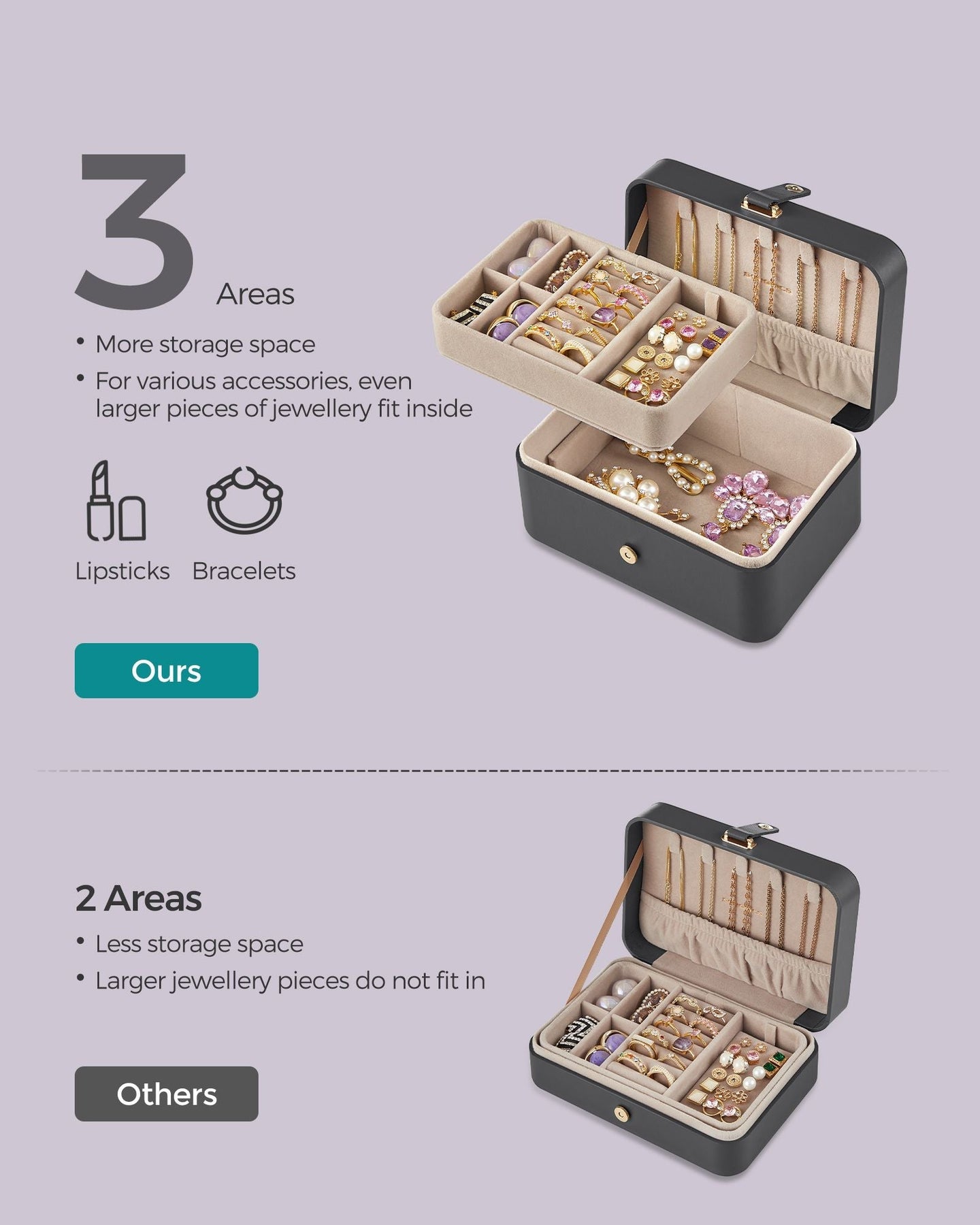Jewellery Box - Fabric - Grey - Portable 2-Layer Design for Travel and Larger Accessories