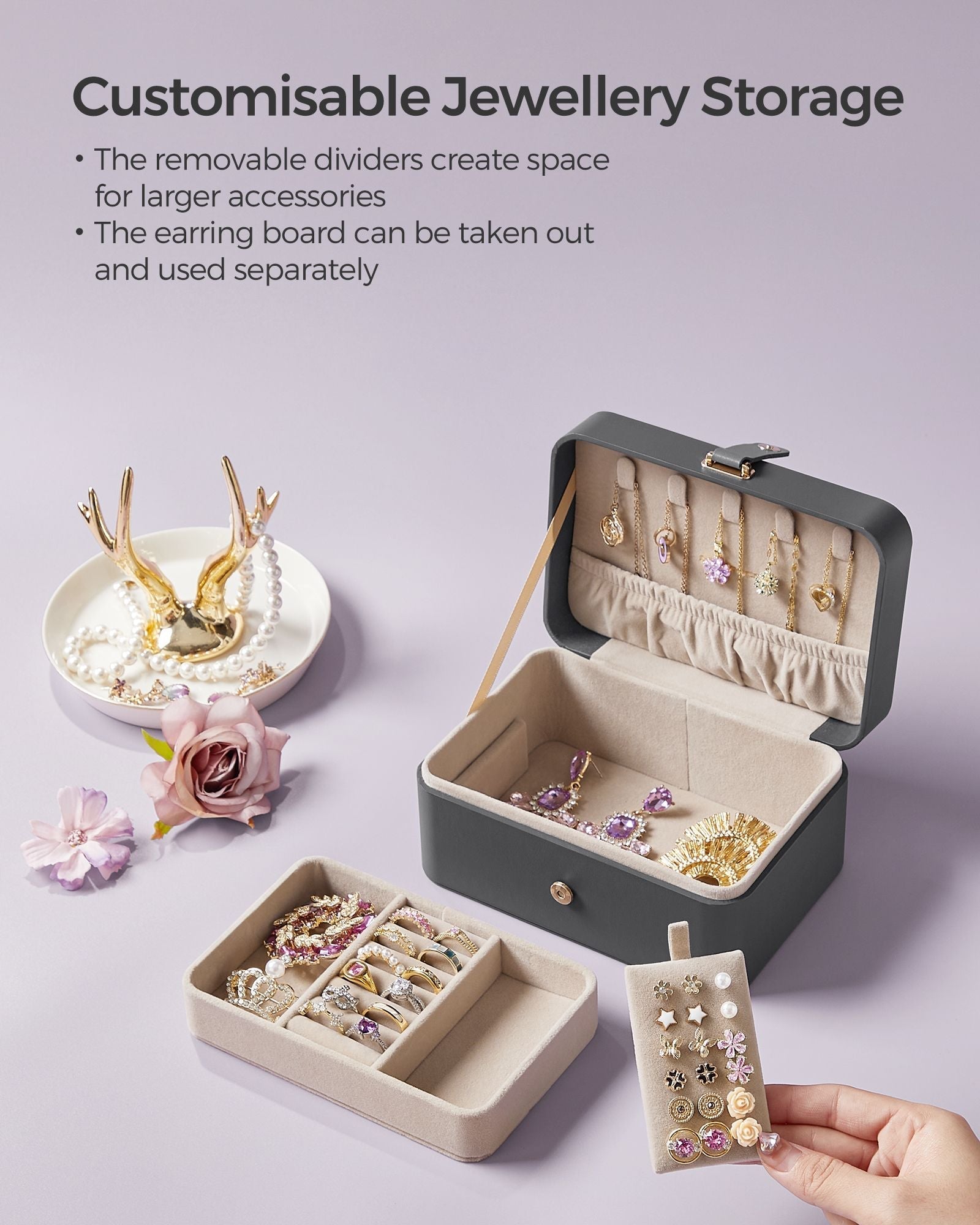 Jewellery Box - Fabric - Grey - Portable 2-Layer Design for Travel and Larger Accessories