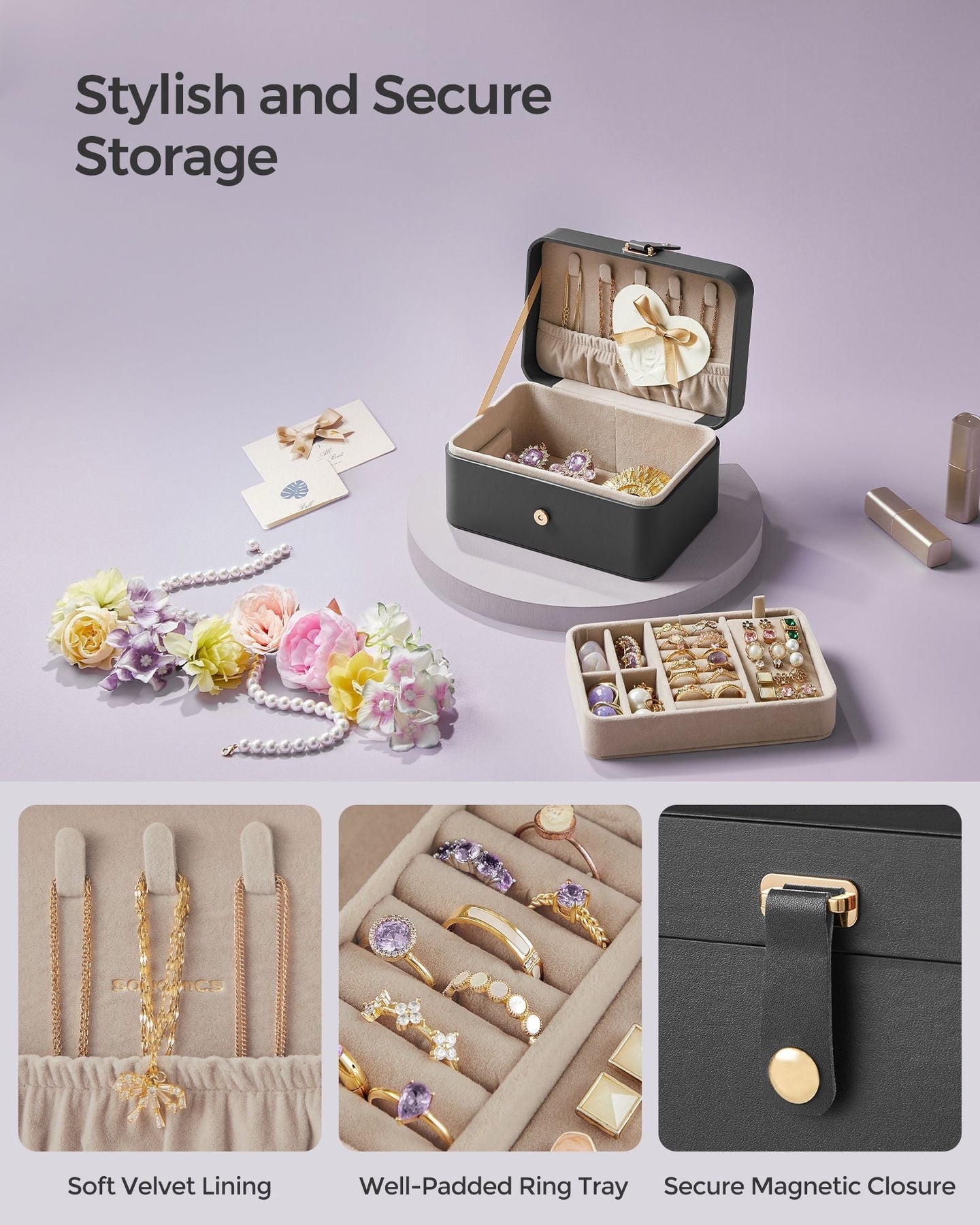Jewellery Box - Fabric - Grey - Portable 2-Layer Design for Travel and Larger Accessories