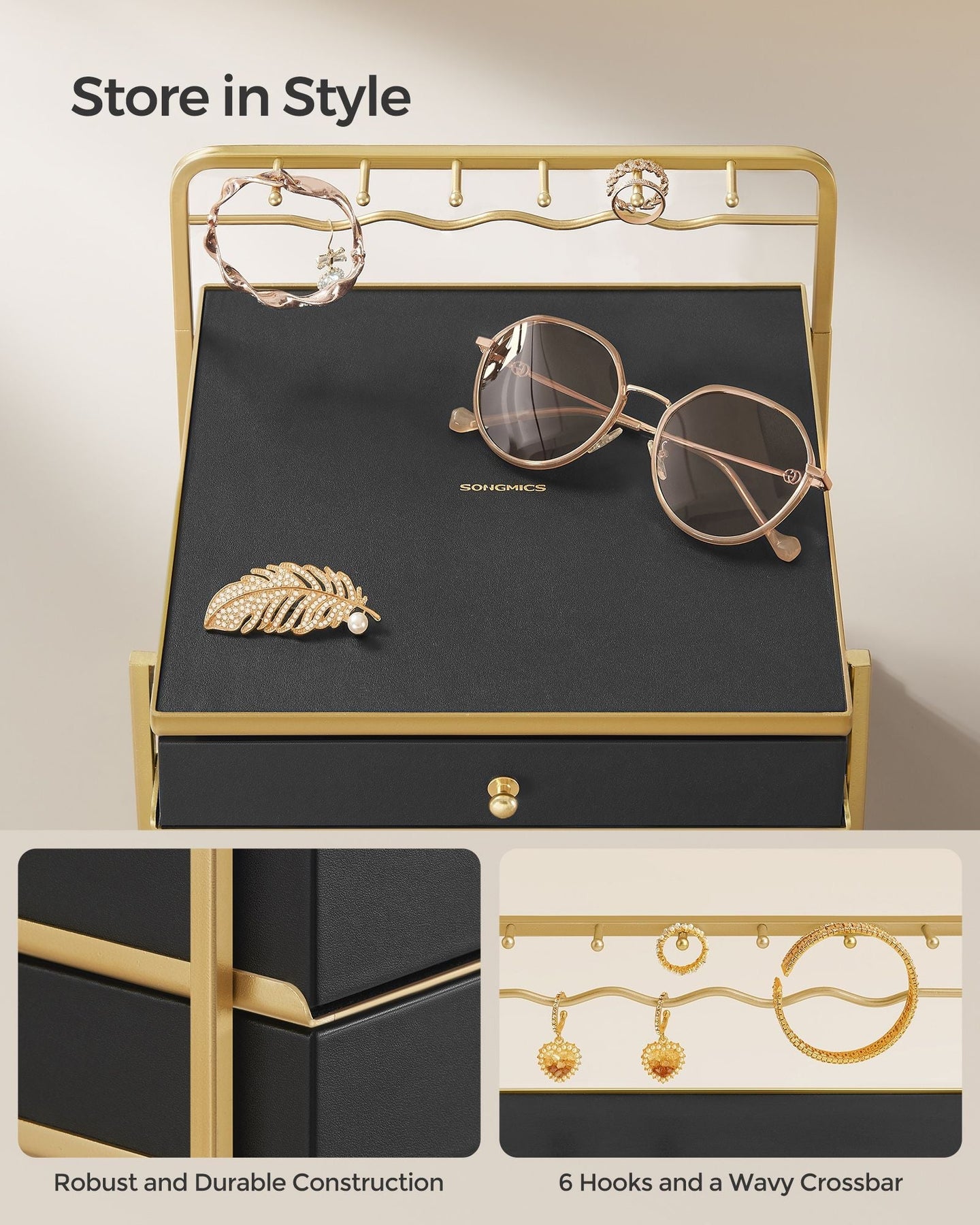 3-Tier Jewellery Box - Metal - Ink Black - Organiser with Open Storage and Hanging Rack
