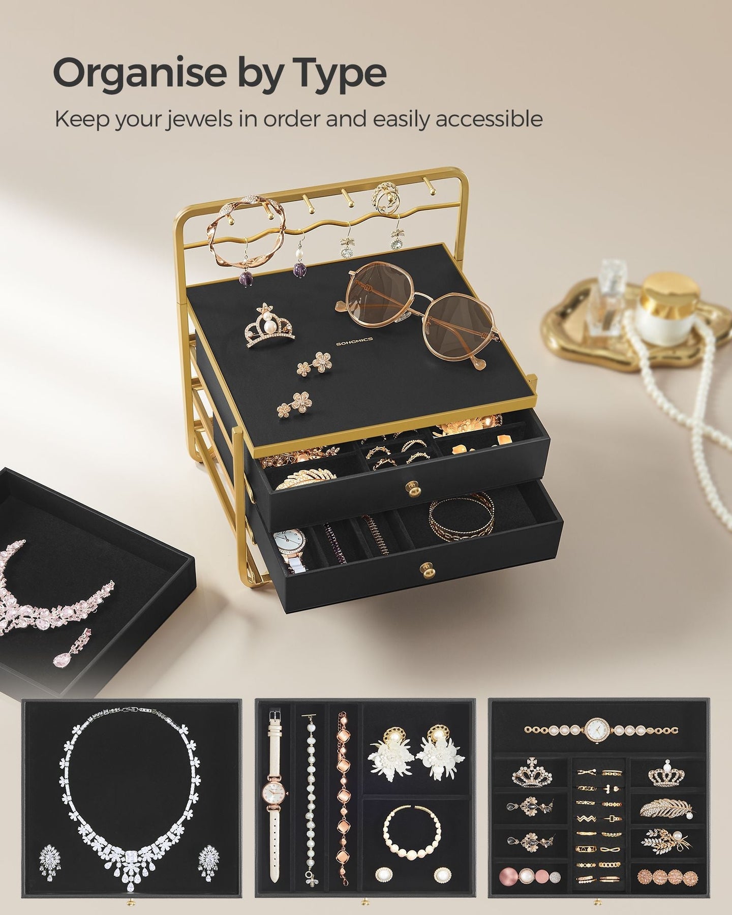3-Tier Jewellery Box - Metal - Ink Black - Organiser with Open Storage and Hanging Rack