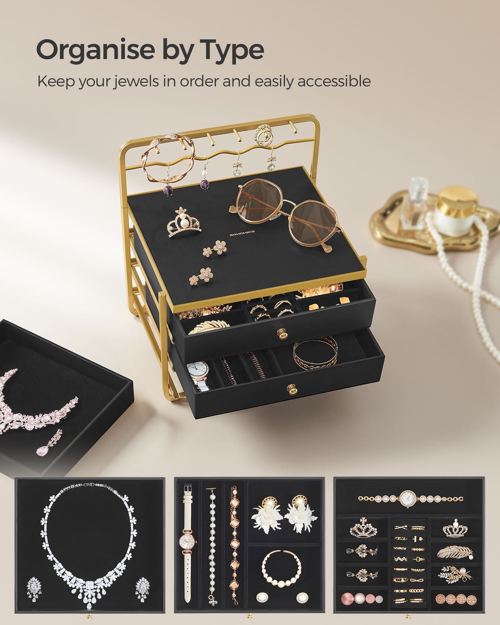 3-Tier Jewellery Box - Metal - Ink Black - Organiser with Open Storage and Hanging Rack