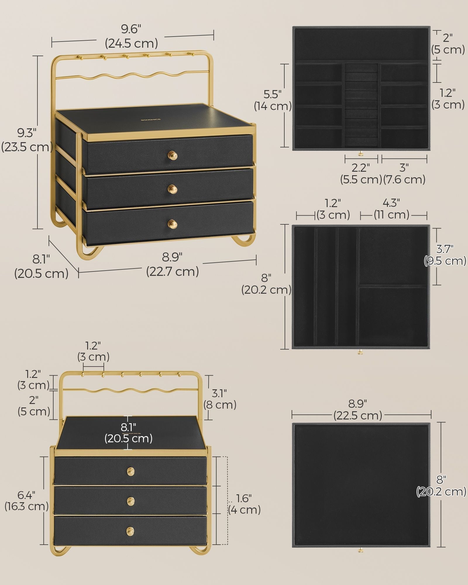 3-Tier Jewellery Box - Metal - Ink Black - Organiser with Open Storage and Hanging Rack