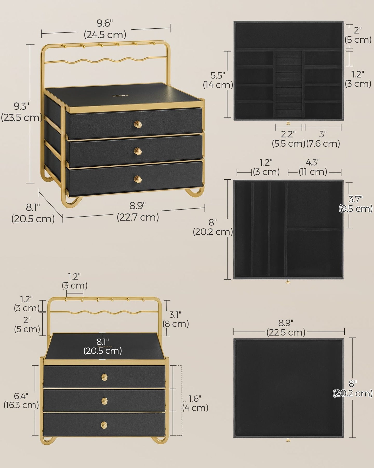 3-Tier Jewellery Box - Metal - Ink Black - Organiser with Open Storage and Hanging Rack
