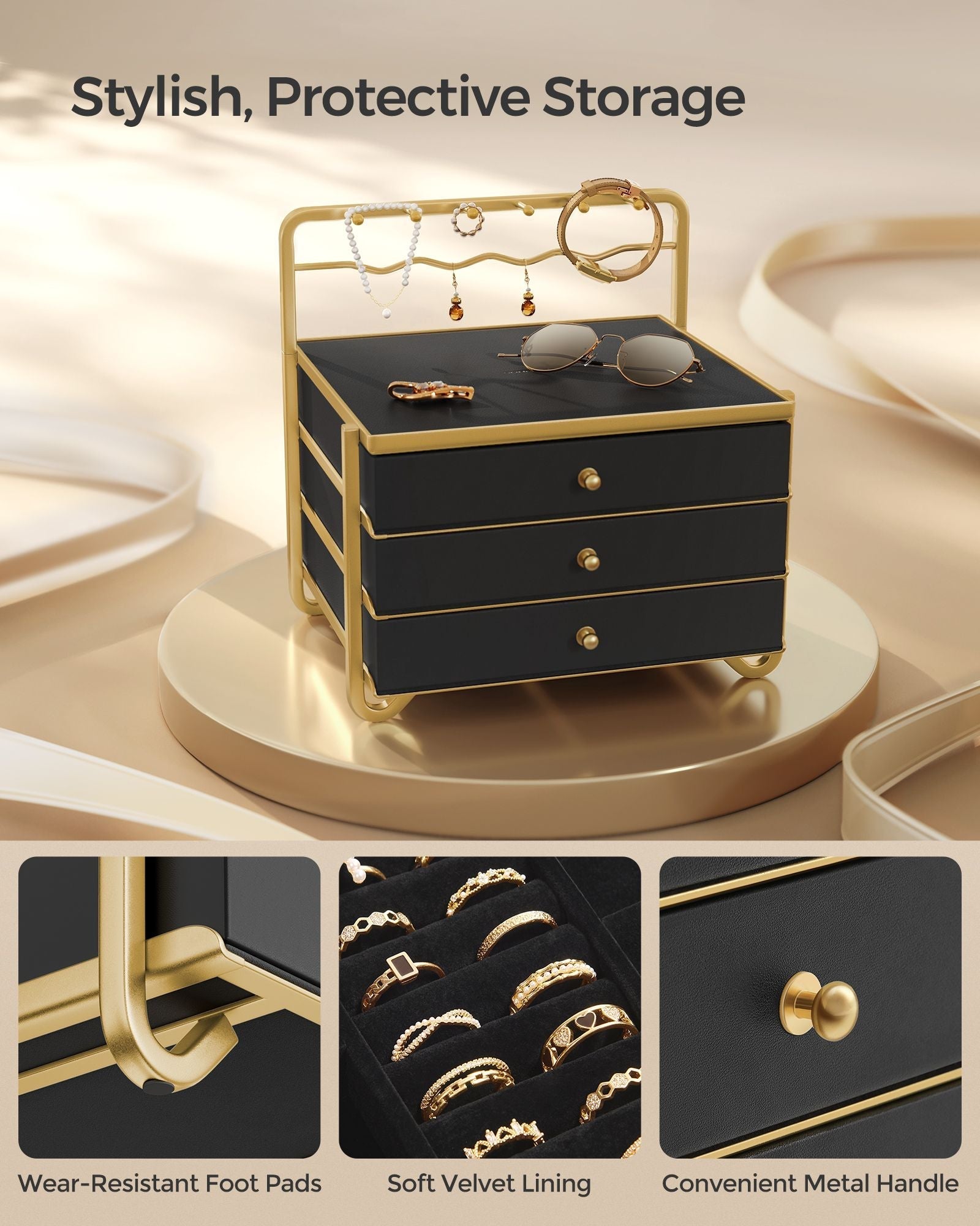 3-Tier Jewellery Box - Metal - Ink Black - Organiser with Open Storage and Hanging Rack