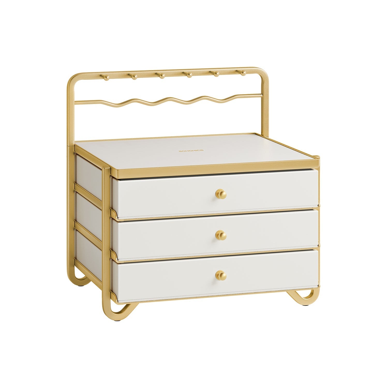 3-Tier Jewellery Box - Metal - Cloud White - Organiser with Open Storage and Hanging Rack