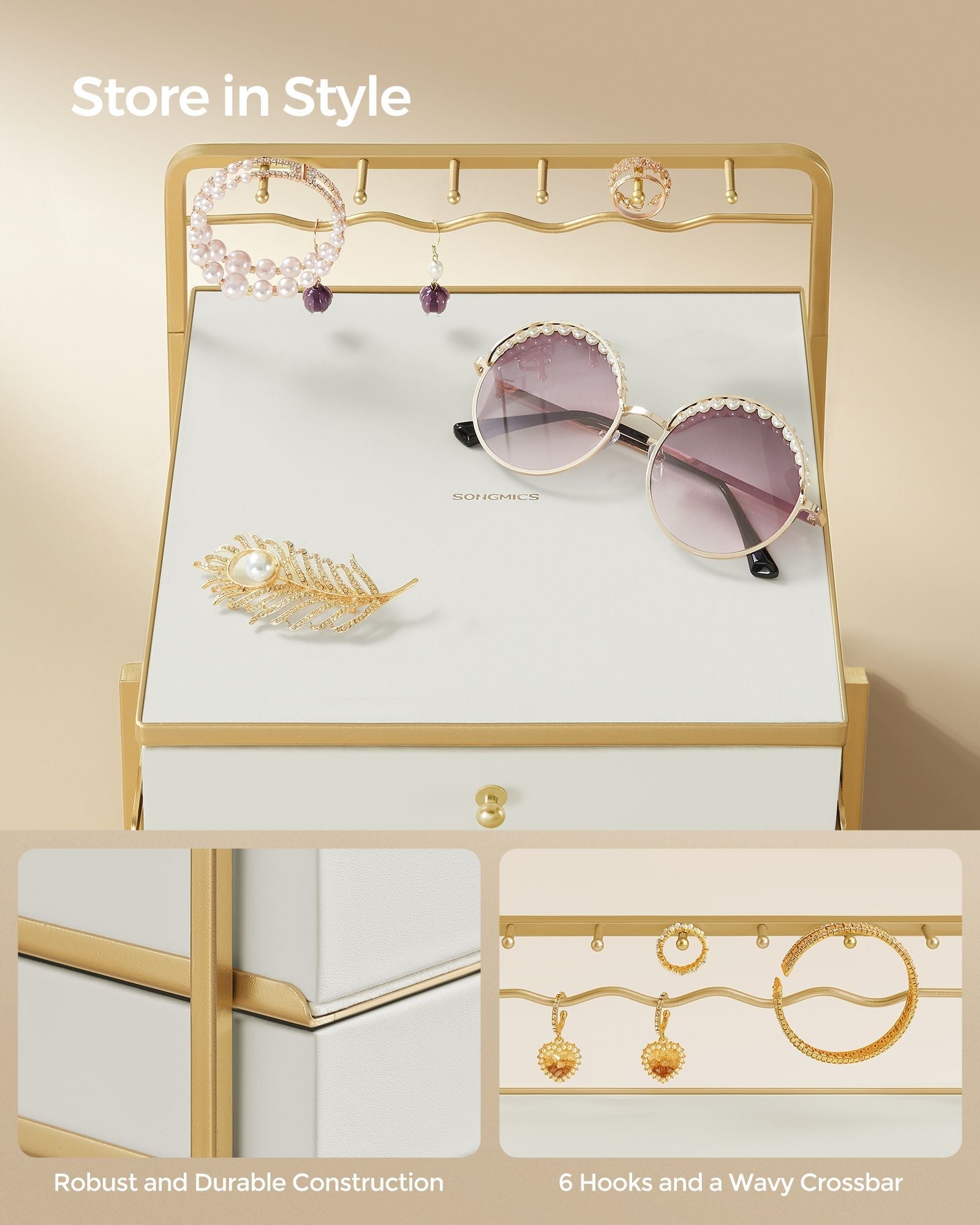 3-Tier Jewellery Box - Metal - Cloud White - Organiser with Open Storage and Hanging Rack