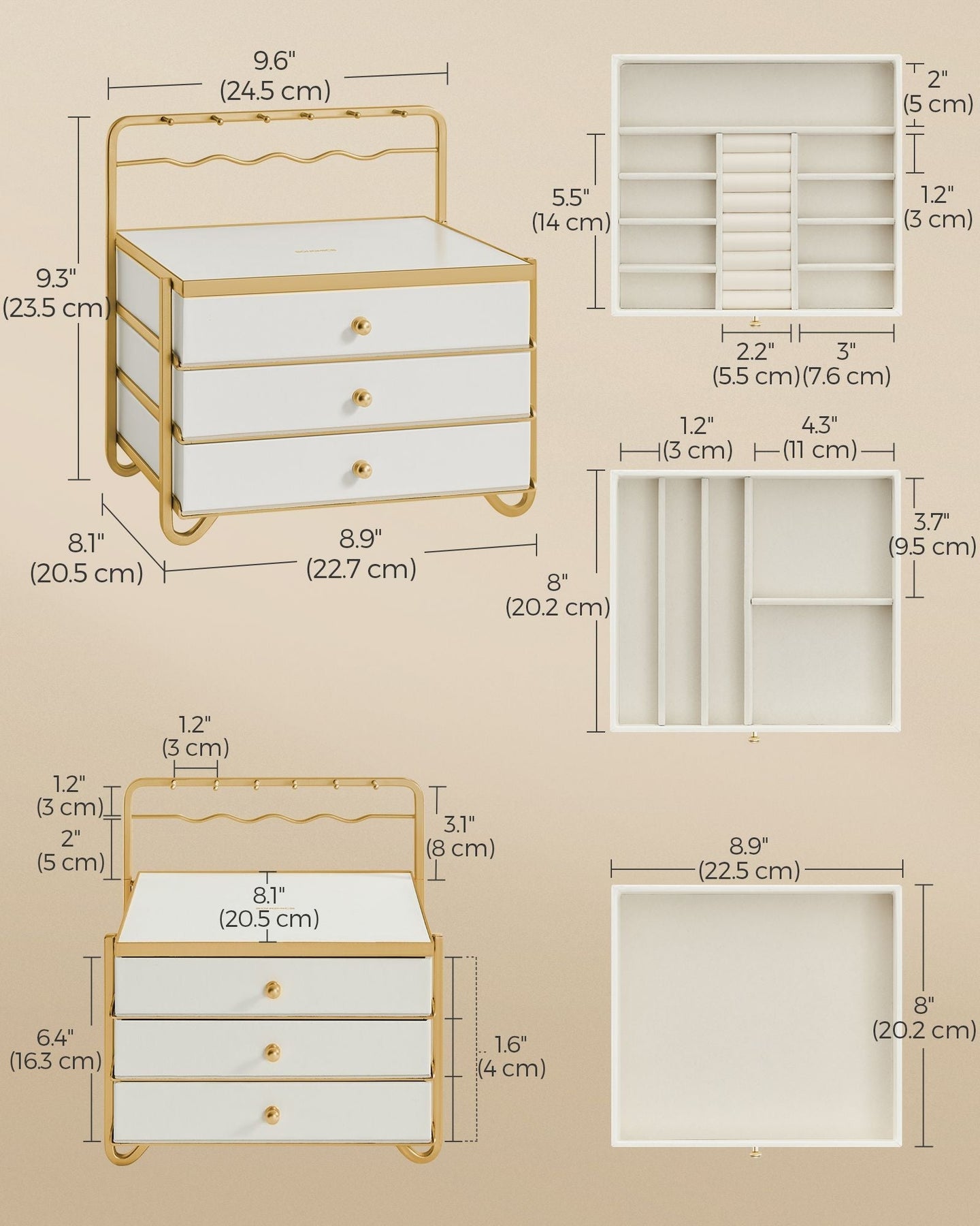 3-Tier Jewellery Box - Metal - Cloud White - Organiser with Open Storage and Hanging Rack