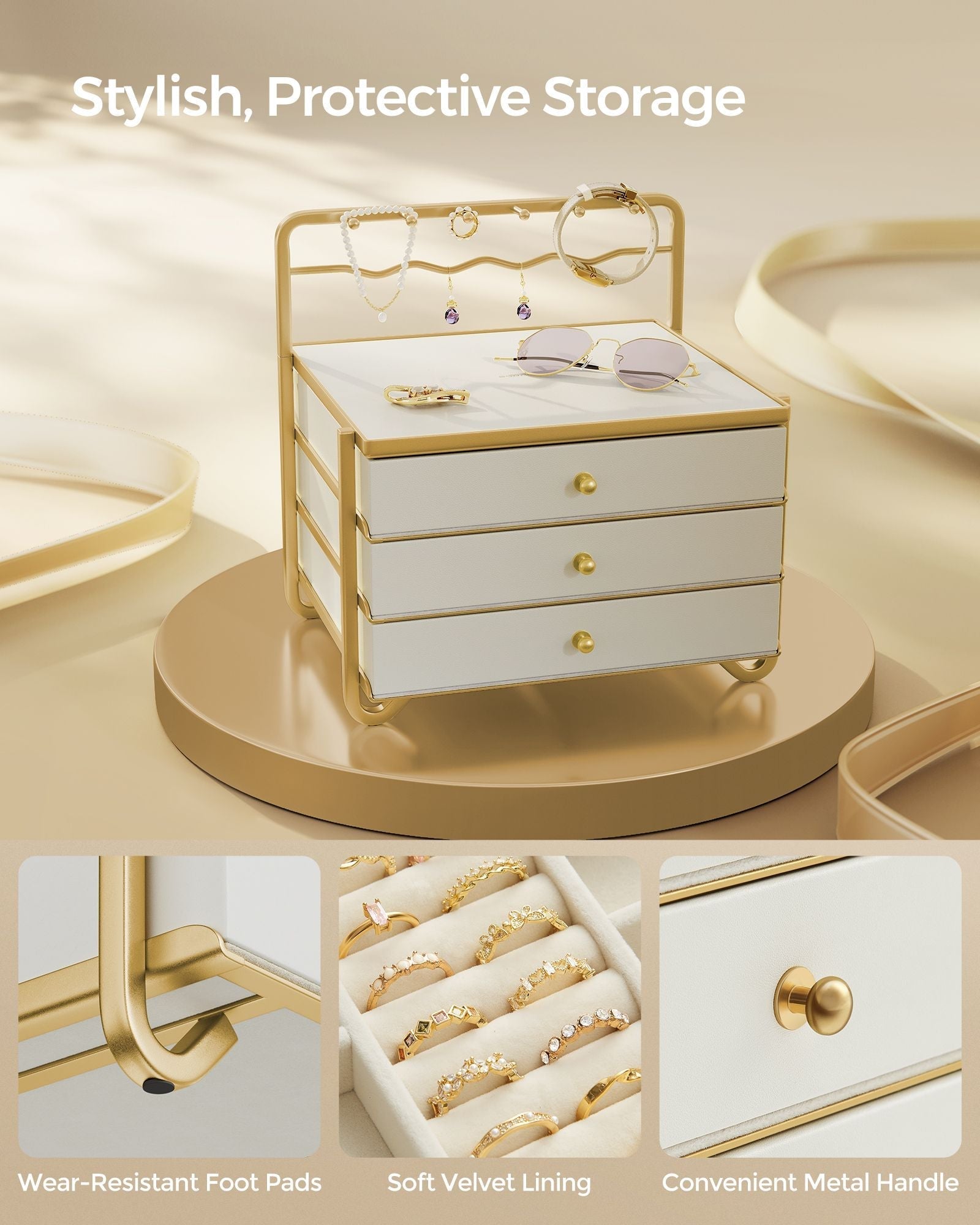 3-Tier Jewellery Box - Metal - Cloud White - Organiser with Open Storage and Hanging Rack