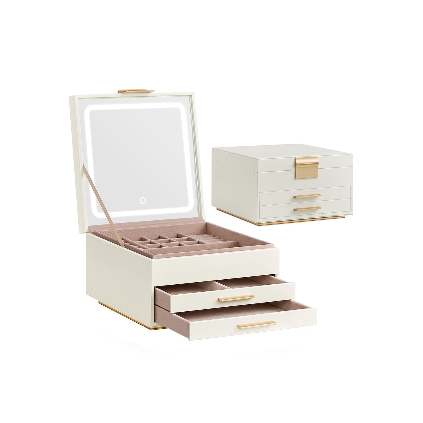 Jewellery Box - PU - Cream White and Gold - 3 Layers with Mirror and LED Lights