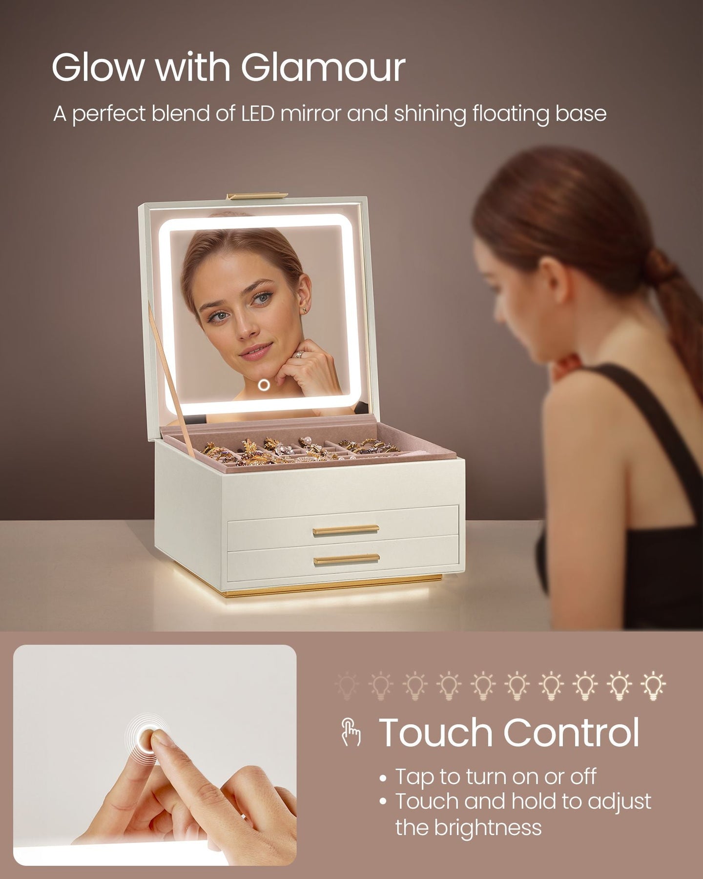 Jewellery Box - PU - Cream White and Gold - 3 Layers with Mirror and LED Lights