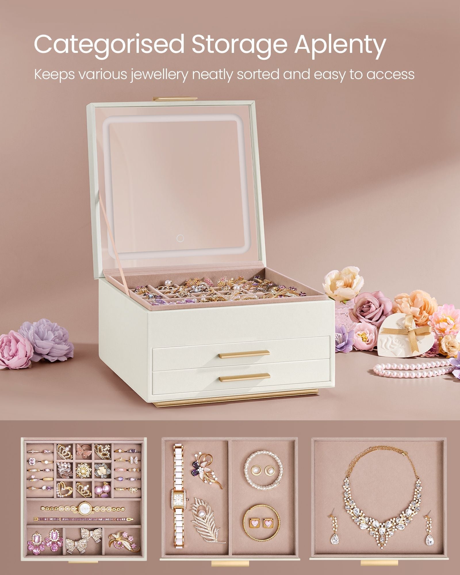 Jewellery Box - PU - Cream White and Gold - 3 Layers with Mirror and LED Lights