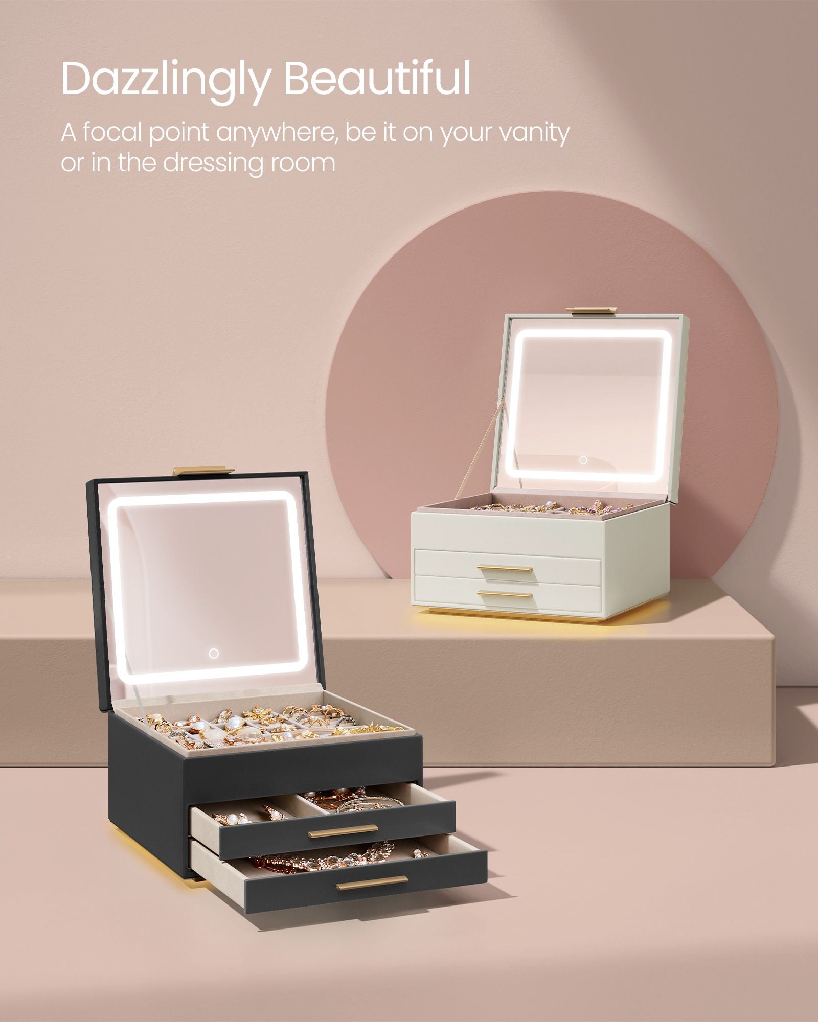 Jewellery Box - PU - Cream White and Gold - 3 Layers with Mirror and LED Lights