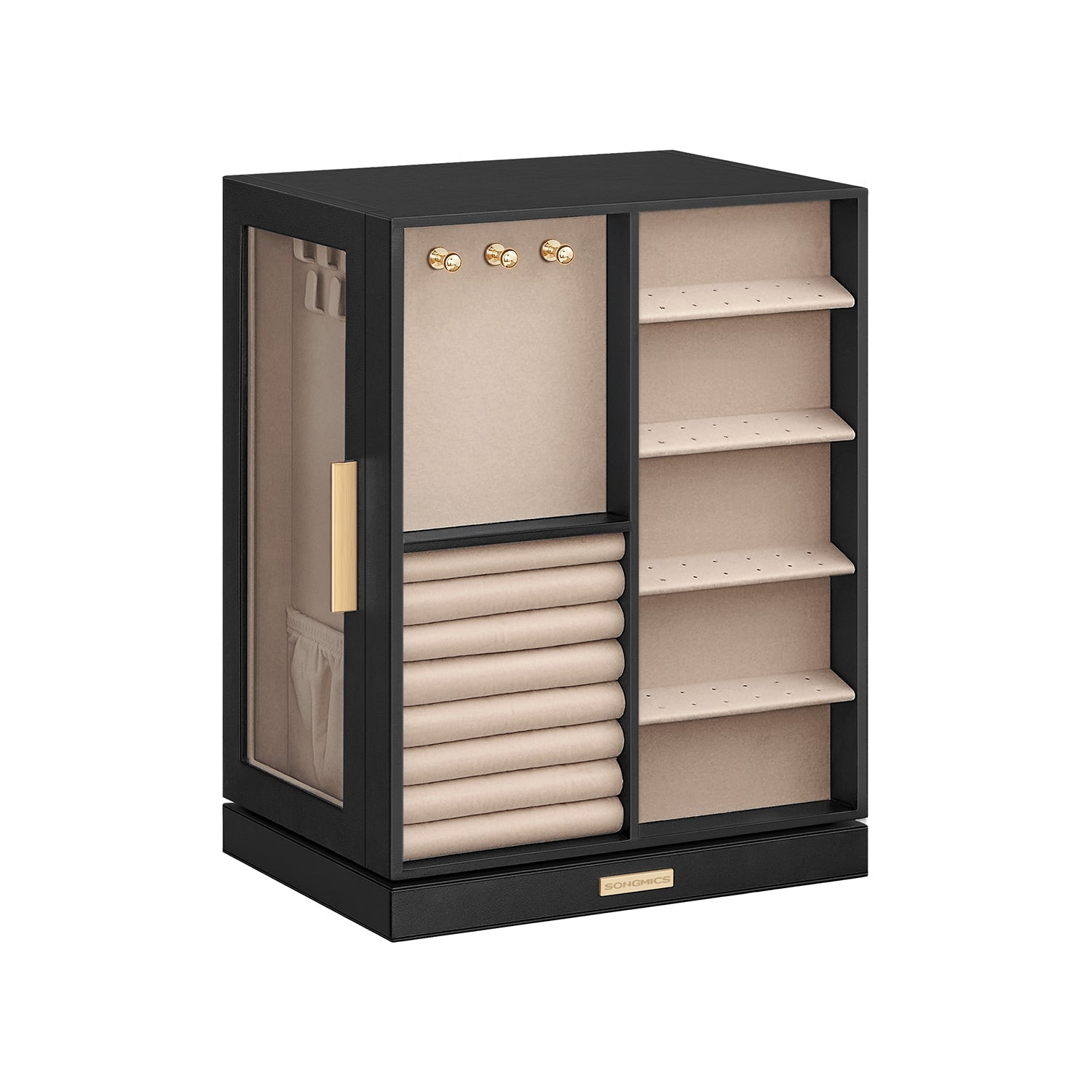 Jewellery Box - Wood - Black - 360° Rotating with Glass Window and 5 Drawers
