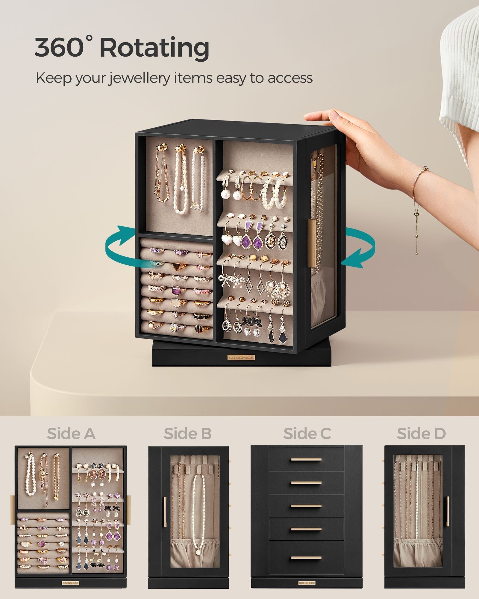 Jewellery Box - Wood - Black - 360° Rotating with Glass Window and 5 Drawers