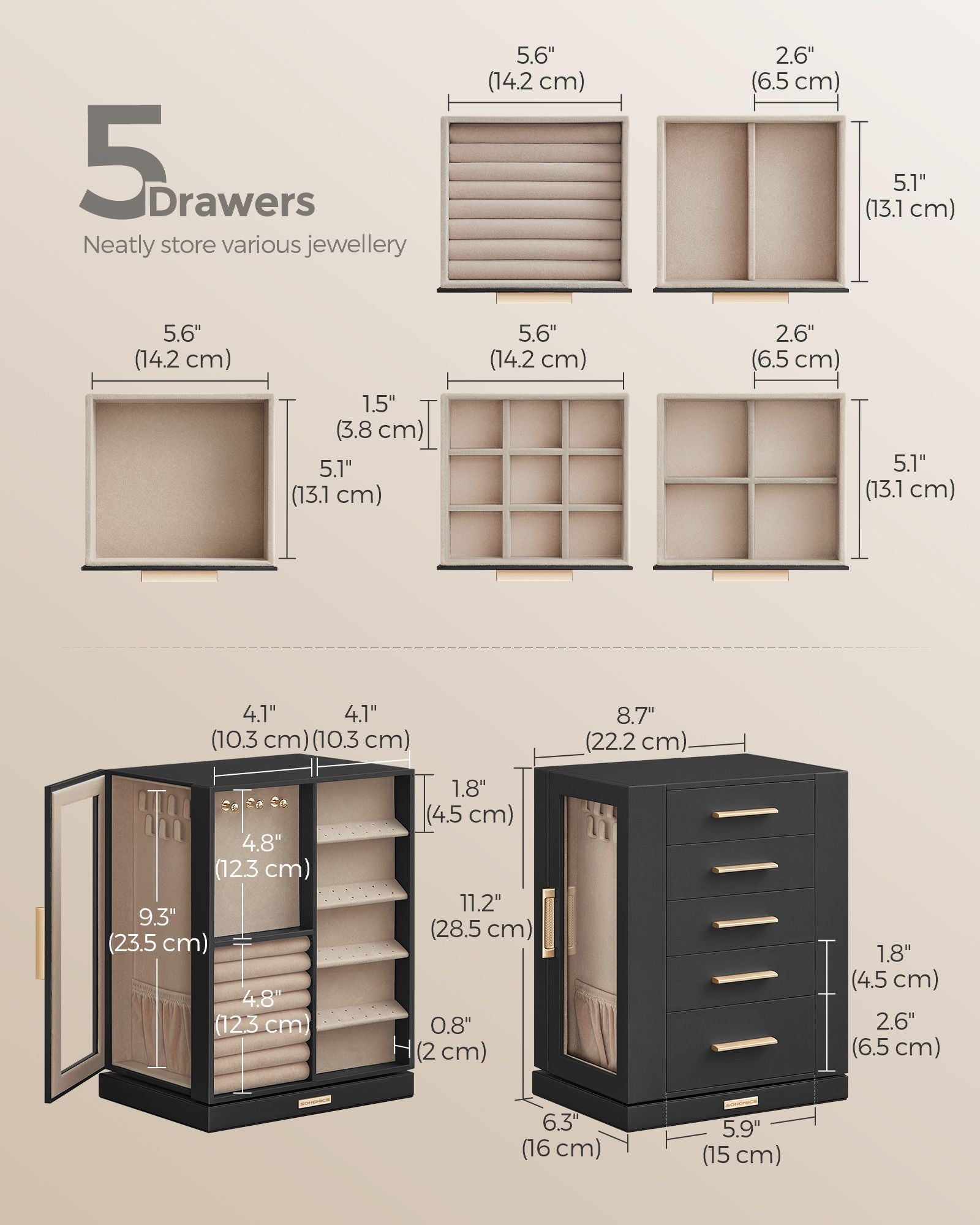 Jewellery Box - Wood - Black - 360° Rotating with Glass Window and 5 Drawers