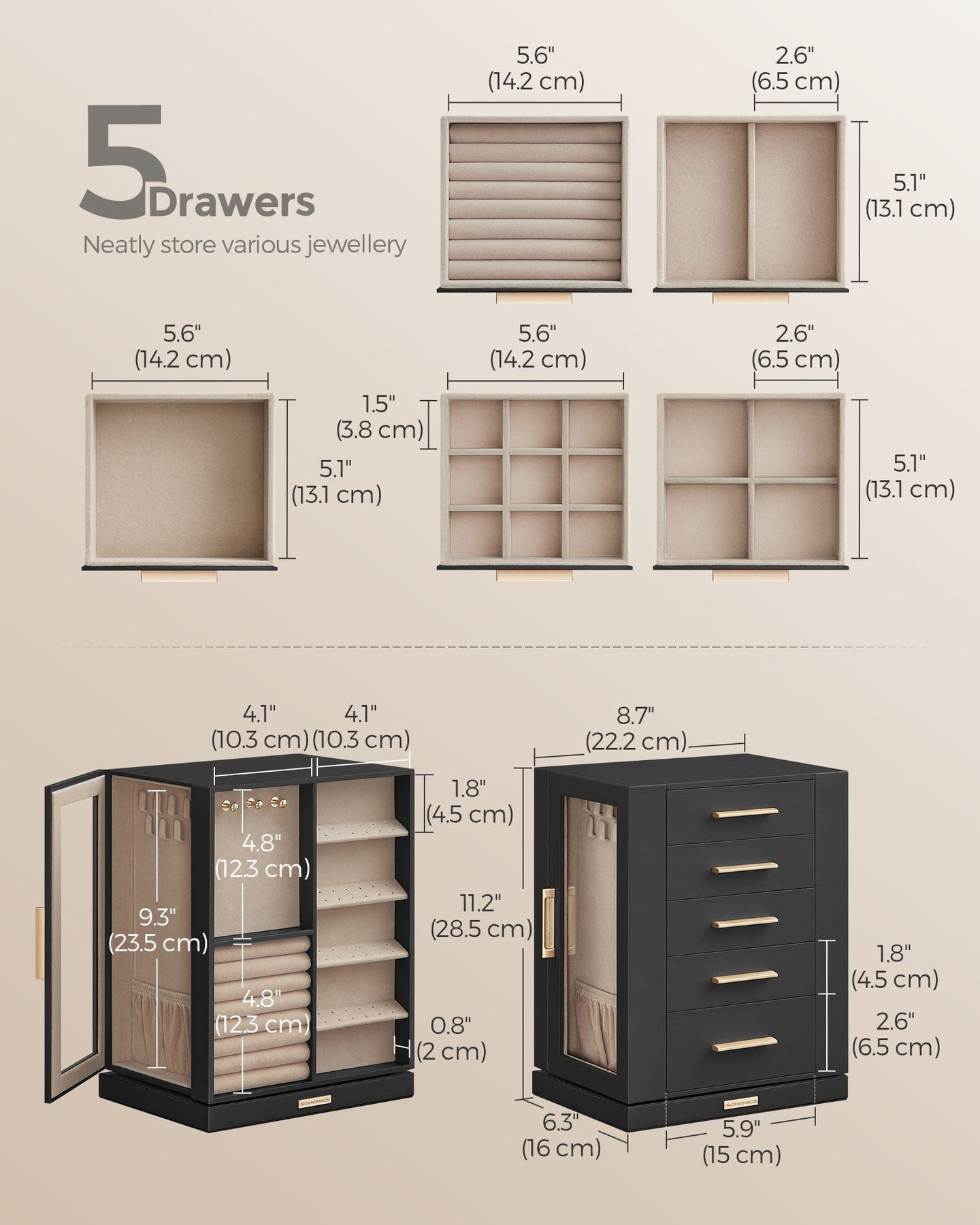 Jewellery Box - Wood - Black - 360° Rotating with Glass Window and 5 Drawers